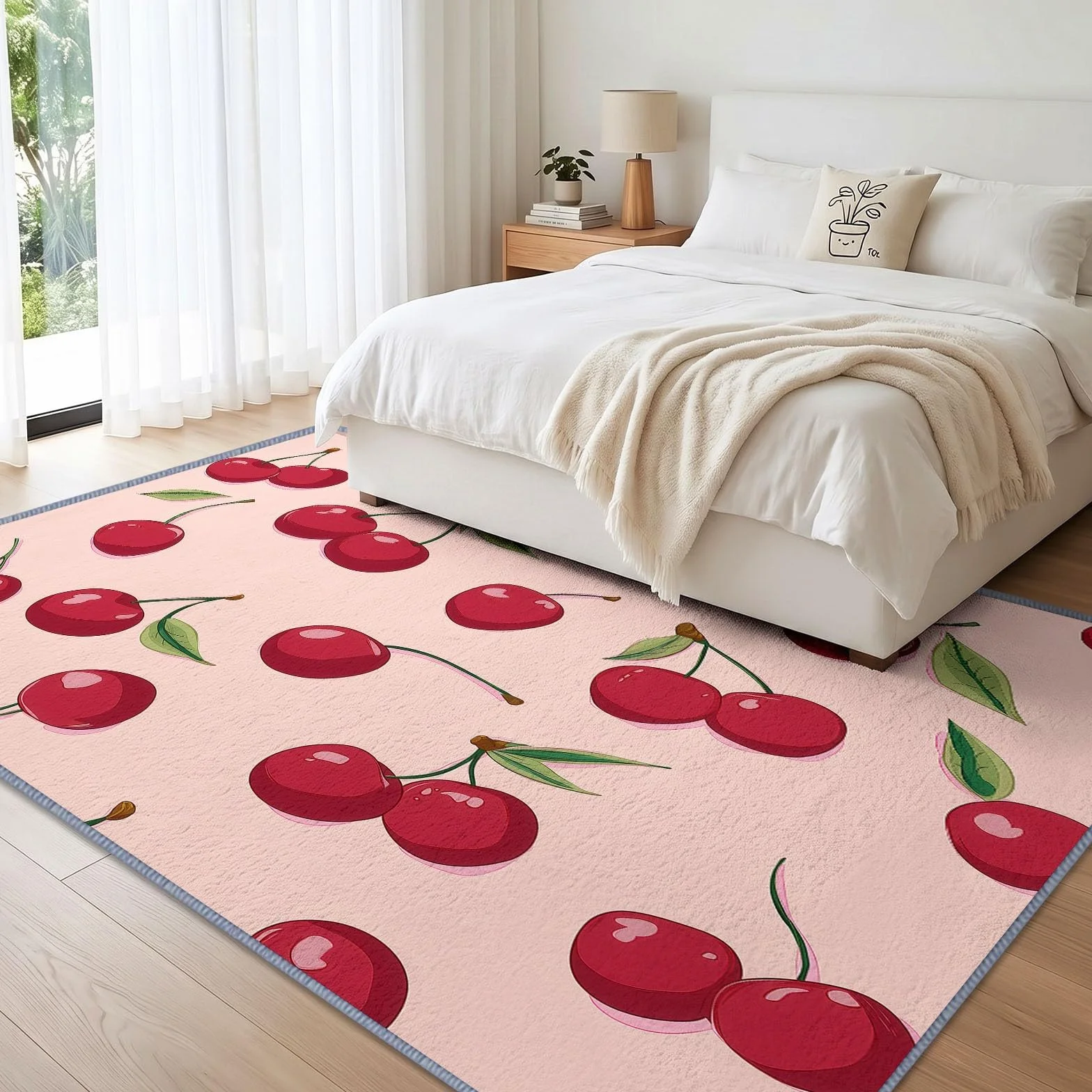 Zmywalny dywan do salonu, 140 x 200 cm, pop-art, nowoczesny, antypoślizgowy, z niskim włosiem, liście wiśni, owoców, duży dywan do sypialni, kuchni, jadalni, pokoju dziecięcego, przedpokoju