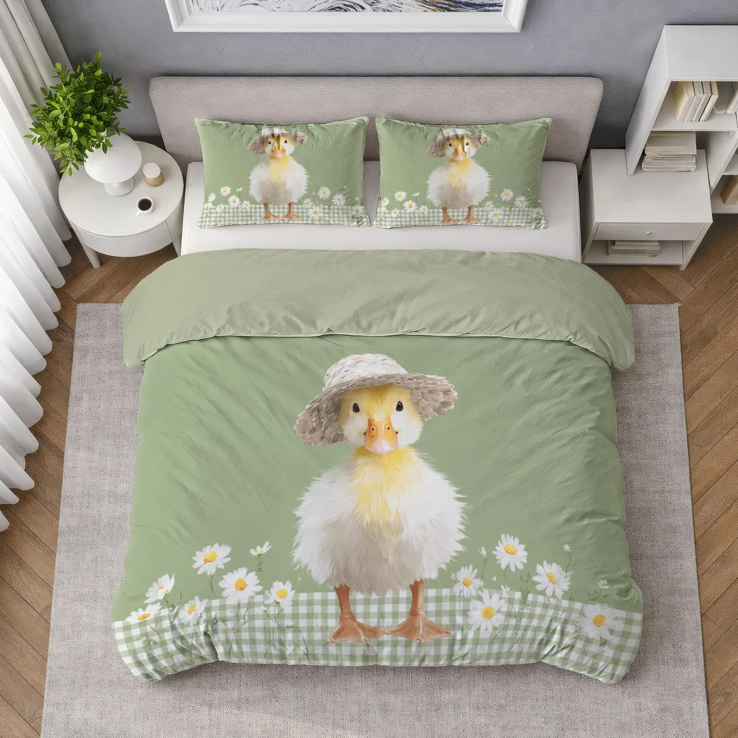Zestaw poszewek na kołdrę ze zwierzętami szałwia, słodkie, świeże kaczątko, 3 sztuki, 240 x 260 cm - zestaw pościeli z miękkiej mikrofibry, z zamkiem błyskawicznym i poszewkami na poduszki, można prać