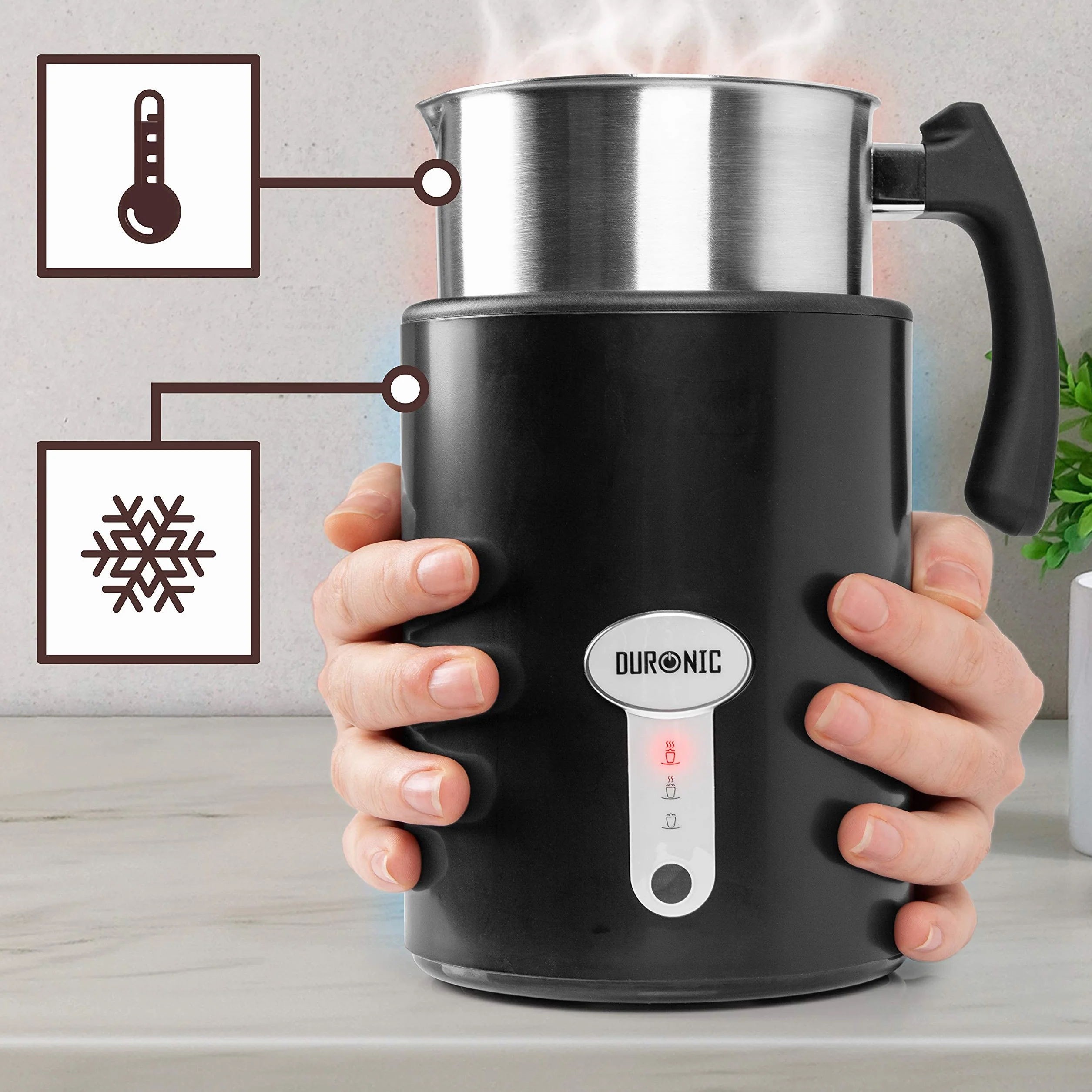 Duronic MF500 BK Automatyczny spieniacz do mleka elektryczny podgrzewacz ze stali nierdzewnej 500W | regulacja temperatury | pojemność do 500ml | schowek na końcówki w podstawie | do gorącej czekolady
