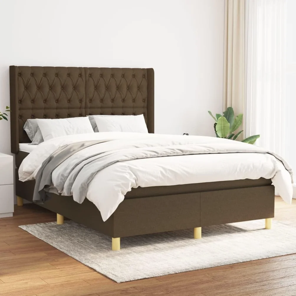 Tkanina z regulowanym zagłówkiem Standard 140x190 cm Brąz | Łóżko kontynentalne z materacem sprężynowym brązowe tkanina 140x190 cm wysokie wezgłowie średnio twarde