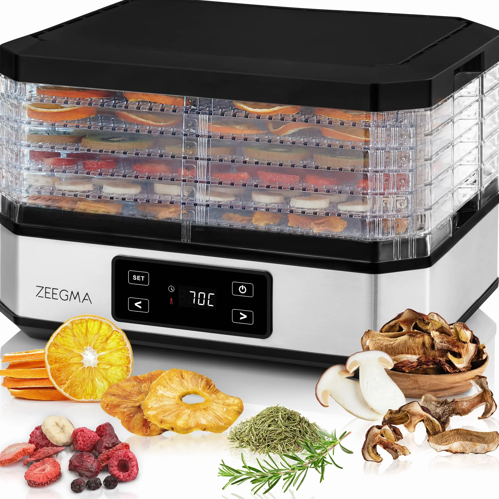 ZEEGMA DRY CHEF Suszarka do Żywności do Grzybów Moc 500 W, Suszarka Spożywcza do Owoców i Warzyw, 6 Pudełek Sit, Regulacja Temperatury 35-70˚C, Termoobieg, Timer do 72 h