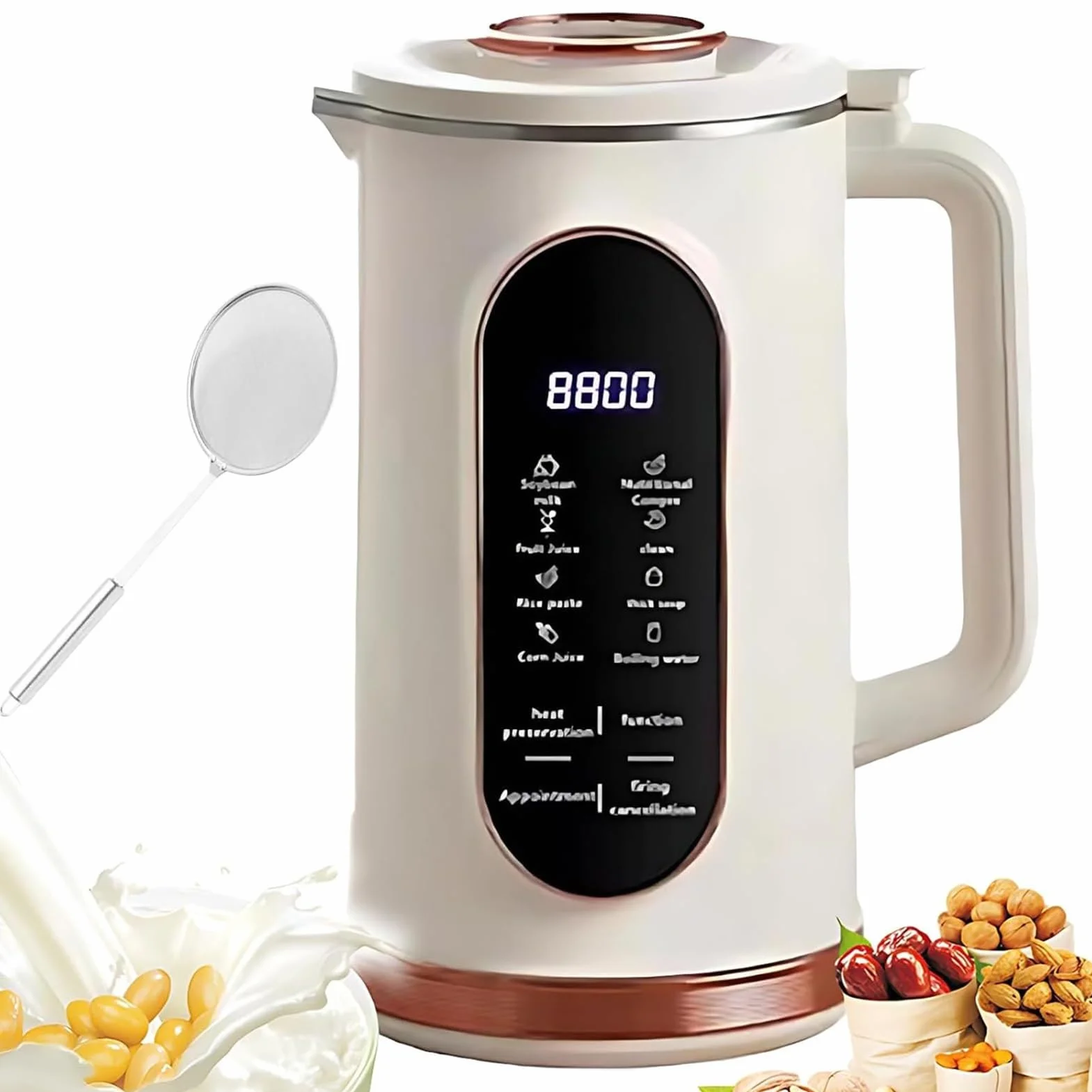 Maszynka do mleka orzechowego, automatyczny ekspres do mleka roślinnego, 1,5 l, system 10 ostrzy, timer 12 h, funkcja utrzymywania ciepła, stal nierdzewna, inteligentny wyświetlacz do soi, migdałów