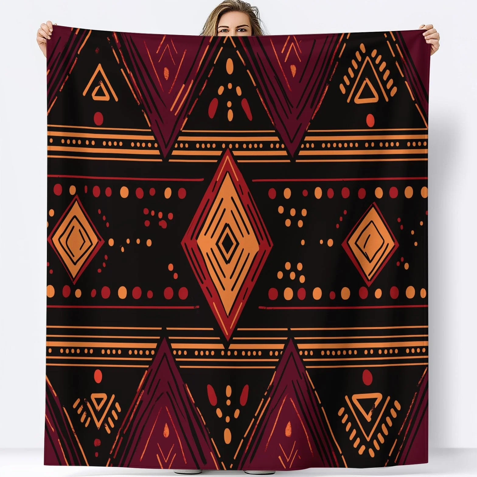 Koc flanelowy z polaru afrykańskie plemiona proste linie polar, narzuta na sofę Wygodny dwuosobowy koc na łóżko w kratę zimowy, 220 x 240 cm czarny i czerwony