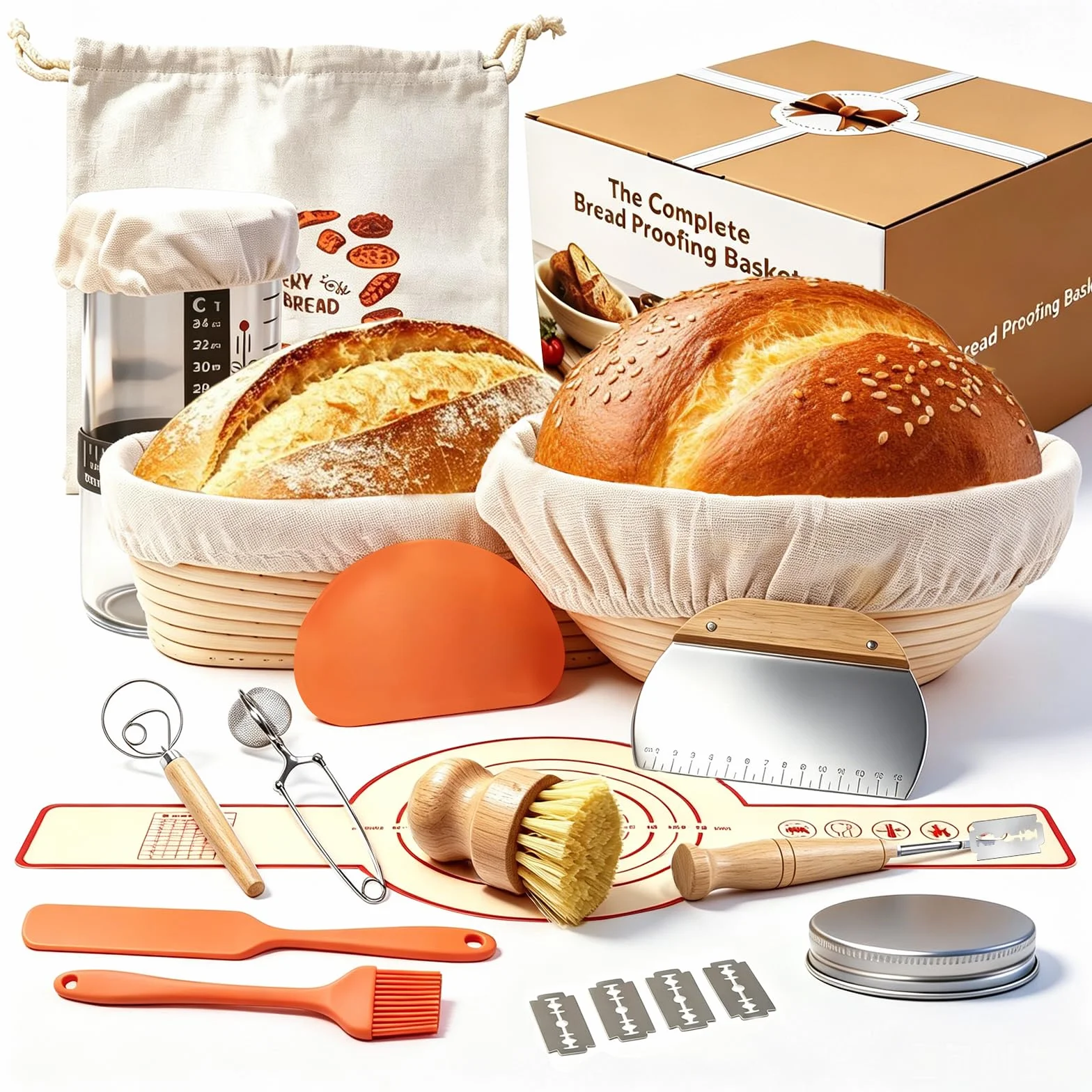 Zestaw Startowy do Zakwasu z 2 Koszami do Wyrastania z Naturalnego Rattanu (25cm Owalny & 23cm Okrągły) Kompletne Akcesoria do Pieczenia Chleba