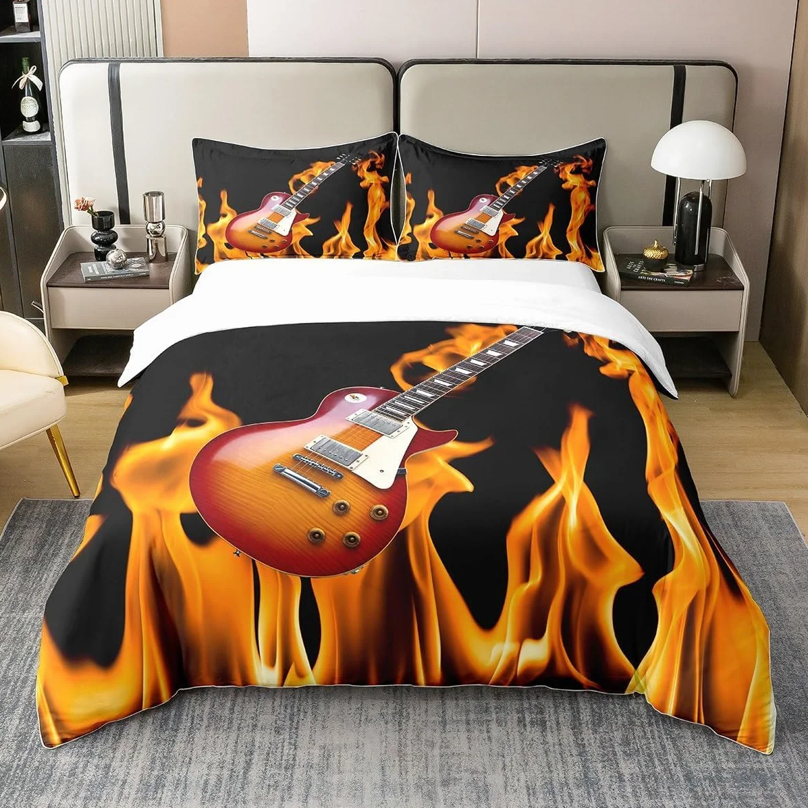 100% bawełniany zestaw pościeli z motywem gitary dla dzieci, nastolatków, chłopców, rock roll, muzyka, poszewka na kołdrę z muzycznym instrumentem, ogień, punk, hip hop, dekoracja pokoju, narzuta na