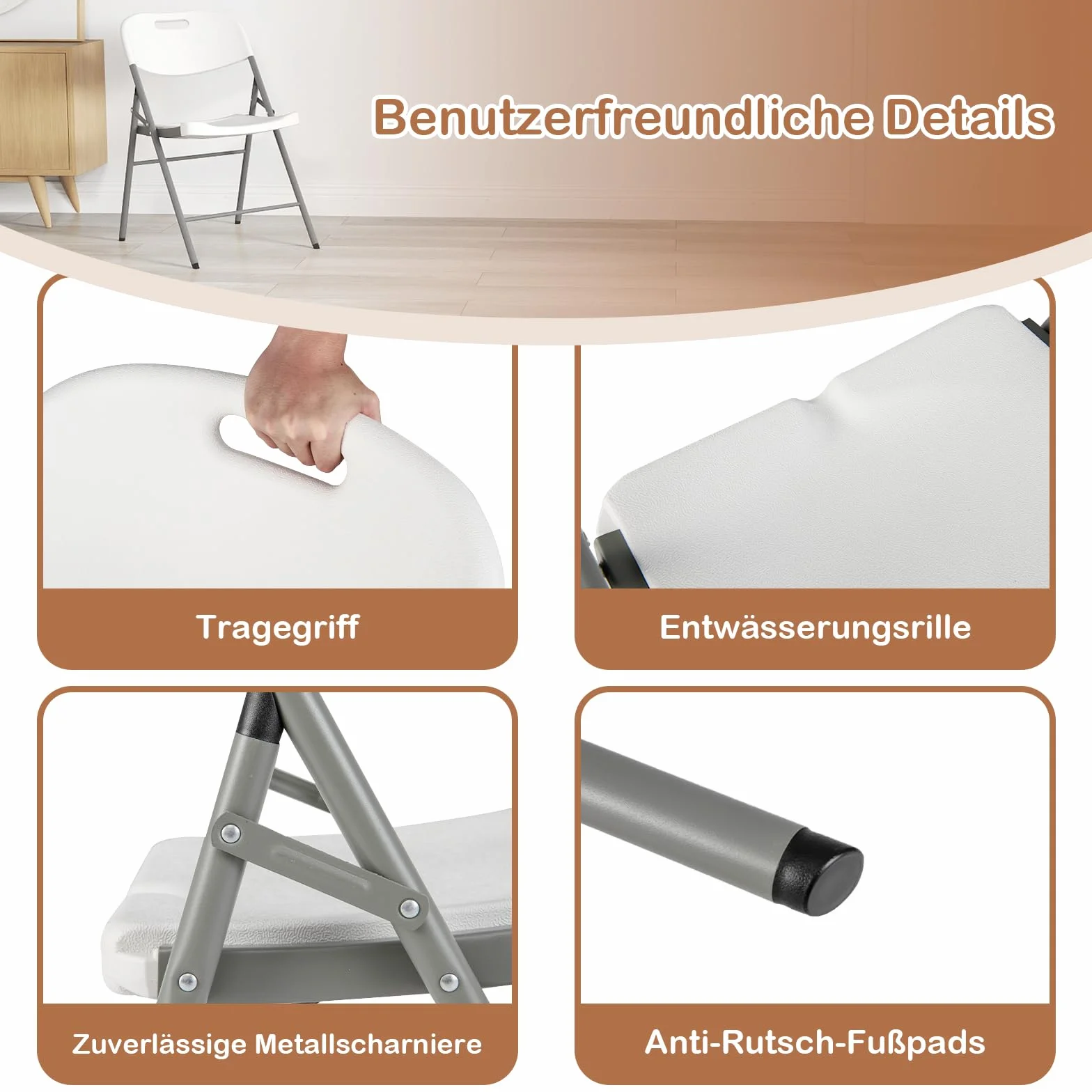 COSTWAY Krzesła składane zestaw 4 sztuk, metalowa rama, nośność 160 kg, biały
