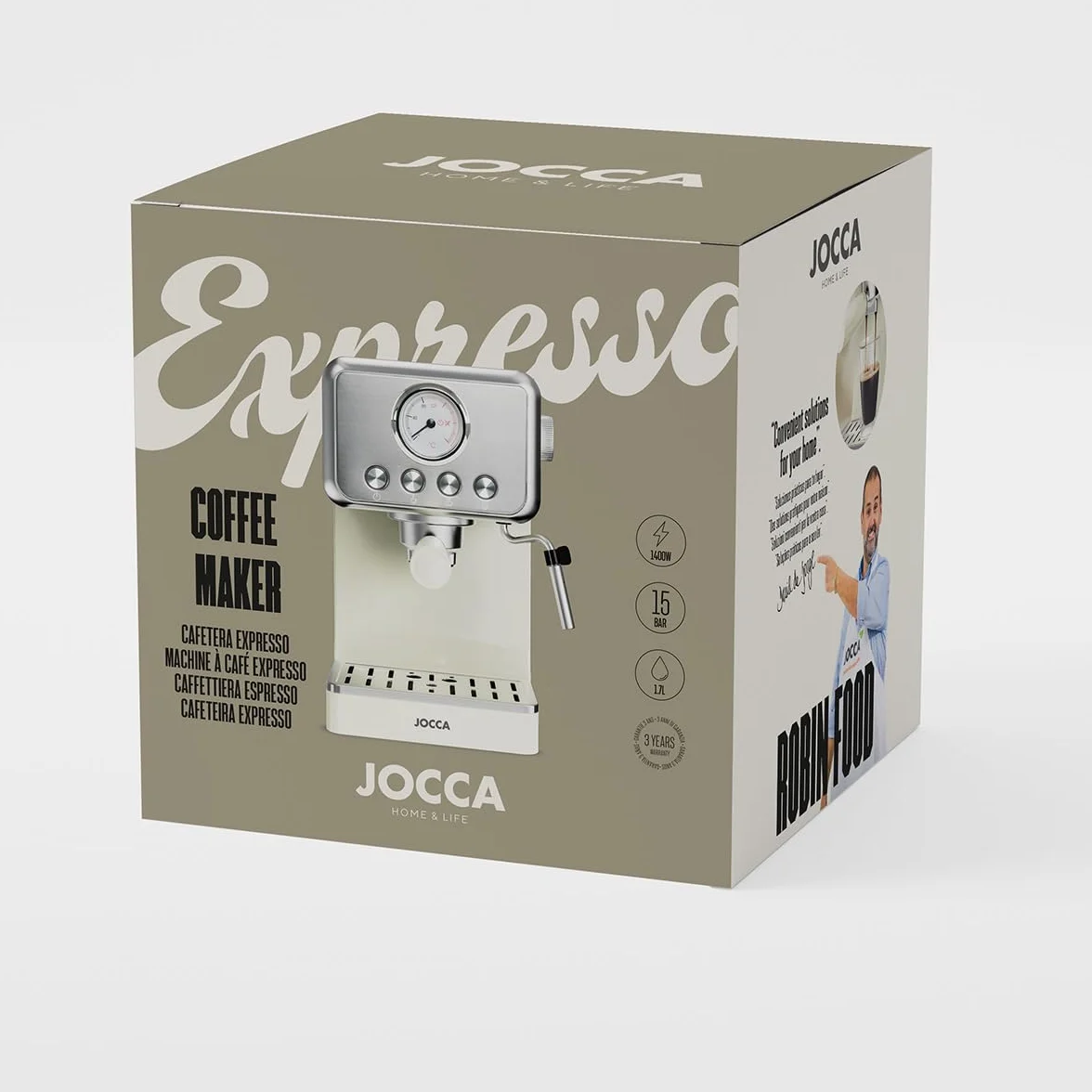 Jocca - Ekspres do kawy retro | 15 barów ciśnieniowych | Wyjmowany zbiornik na wodę 1,7 l | filtr na 1-2 filiżanki (40/80 ml) | wyjmowana taca ociekowa | ochrona przed przegrzaniem | 1400 W