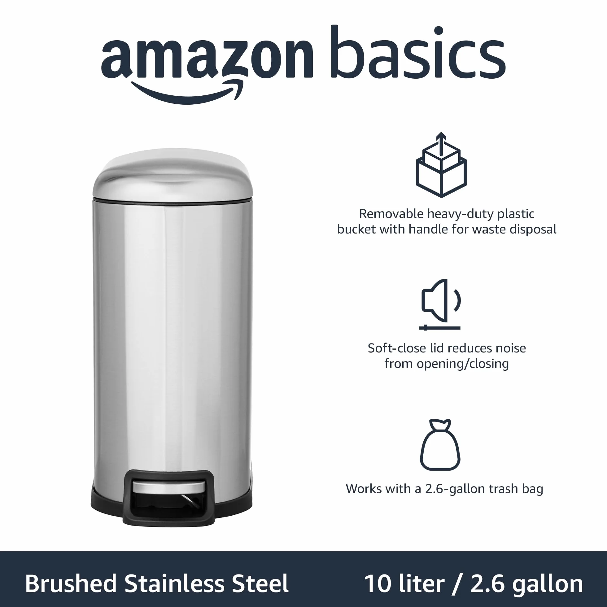Amazon Basics Kosz na śmieci 10 l do ciasnych pomieszczeń i łazienki z pedałem z rur stalowych – delikatnie zamykany pokrywą, do kuchni, łazienki lub biura, prostokątny, stal nierdzewna, srebrny