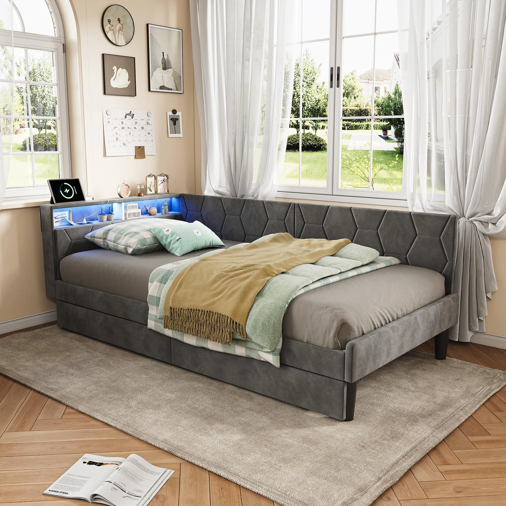 KeepGoon 90 x 200 cm łóżko tapicerowane z 2 szufladami, z aksamitu, łóżko pojedyncze/rozkładane, zagłówek LED ze schowkami, funkcja ładowania USB i stelaż, łóżko młodzieżowe dla dorosłych