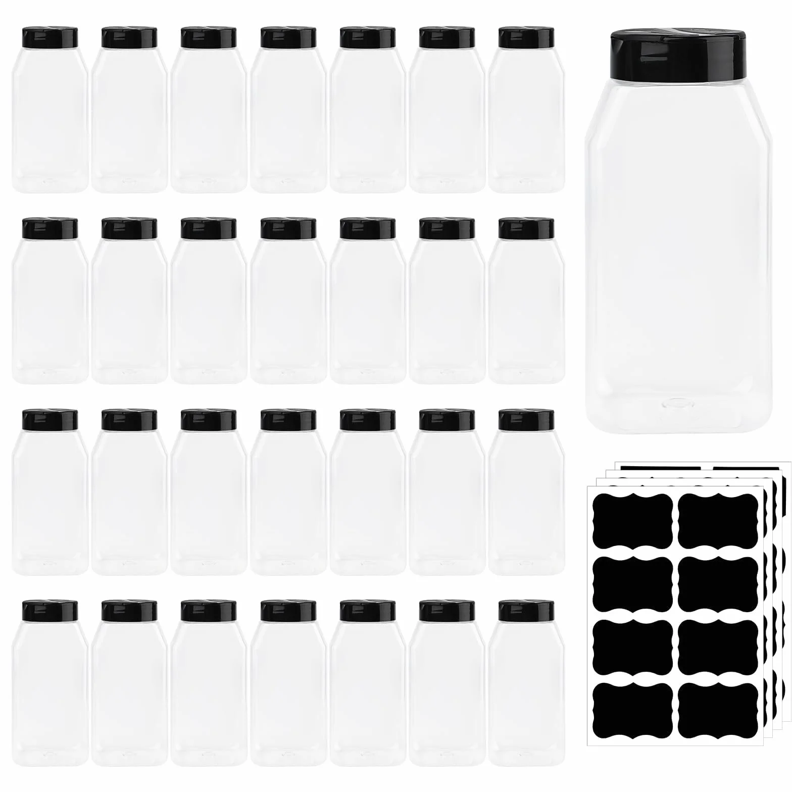 Zestaw 28 słoików na przyprawy, 480 ml, z tworzywa sztucznego, z czarną pokrywką, bez BPA, do kuchni, na przyprawy, zioła, BBQ Rub Meal Prep