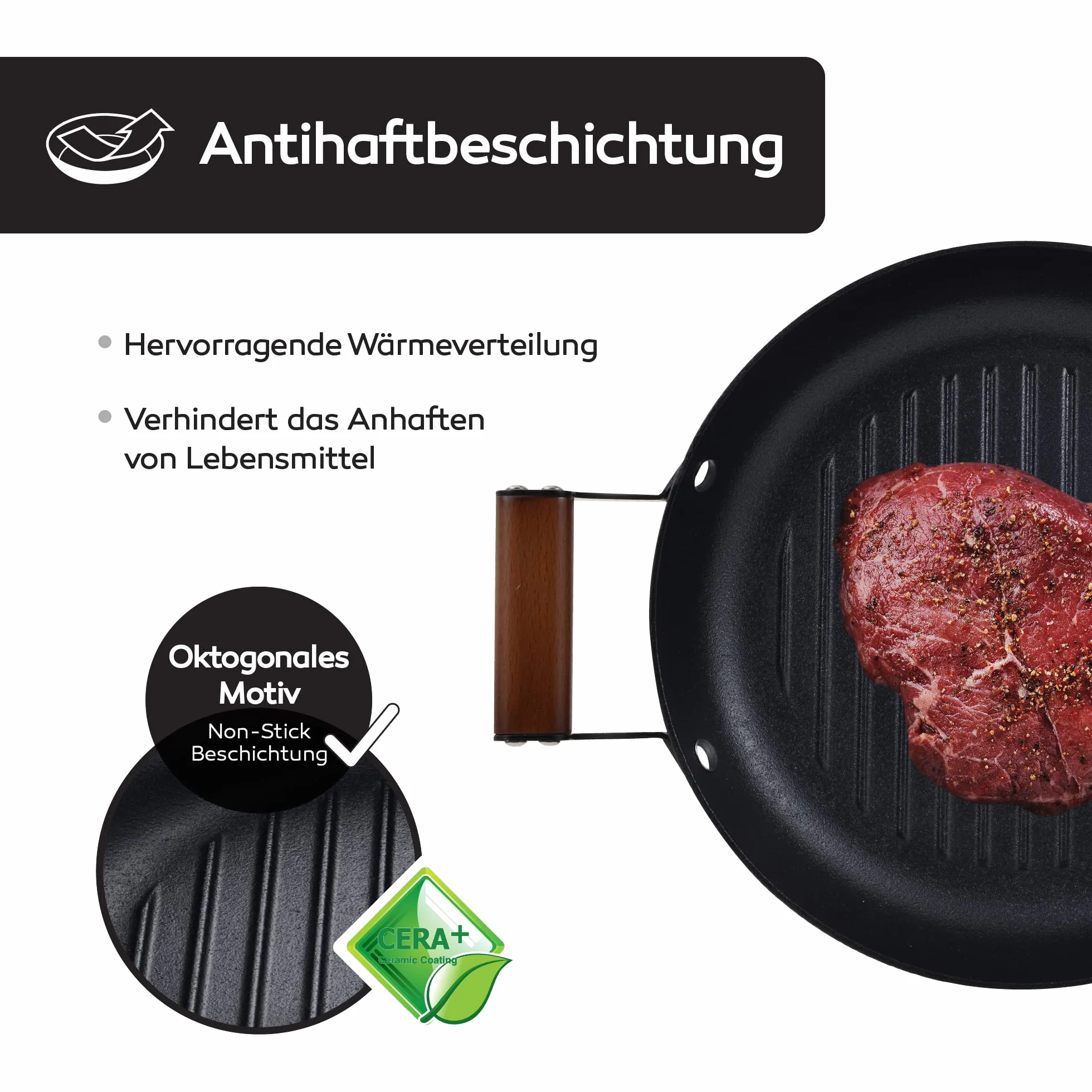 Masterpro Odin 28 cm okrągły grill, nieprzywierający, ergonomiczne uchwyty z drewna akacjowego, idealny do gotowania na grillu, kompatybilny z indukcją i piekarnikiem, bez toksycznych produktów