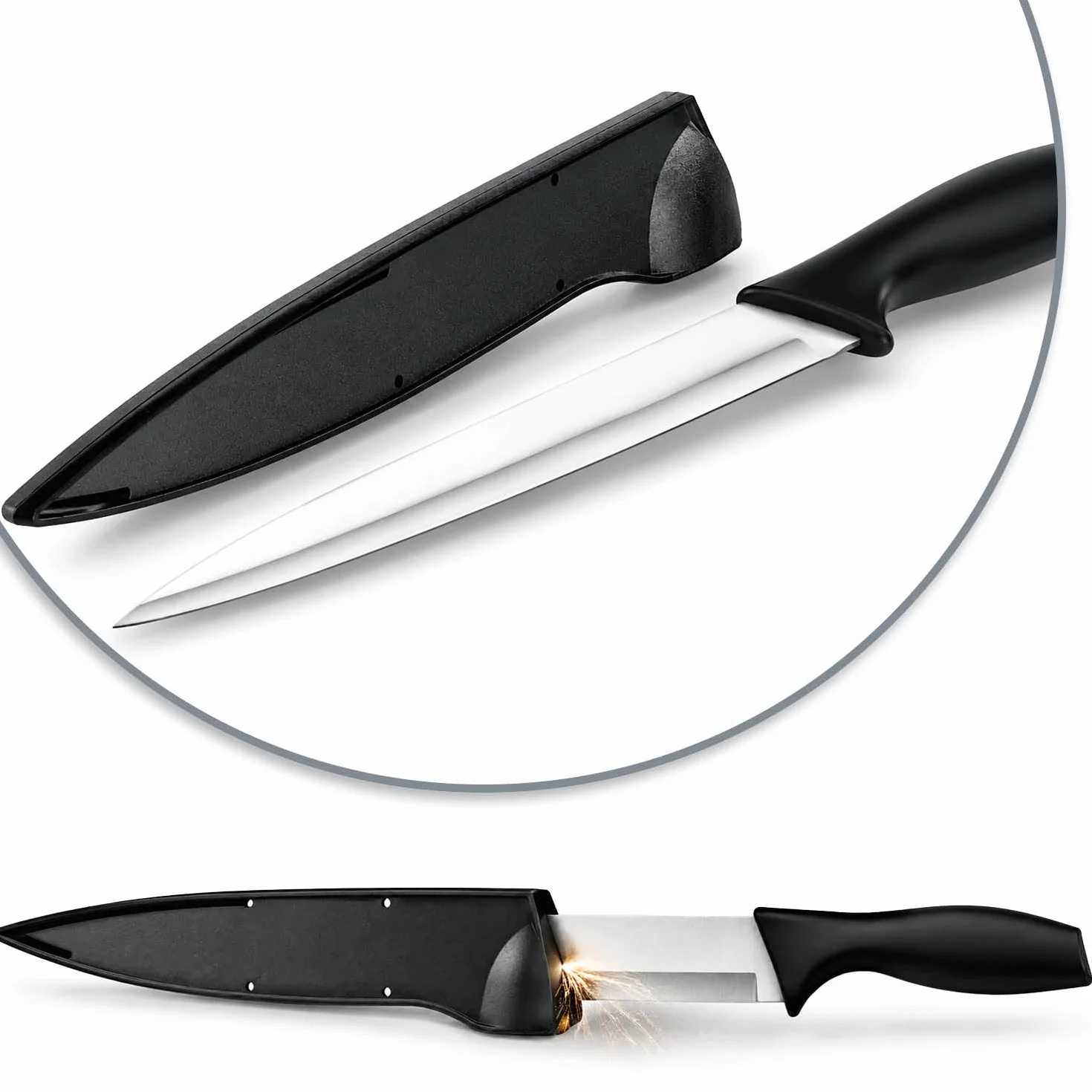 com-four® 3 nóz uniwersalny z oslona – wszechstronny nóz ze stali nierdzewnej z ostrzalka – nóz kuchenny i outdoorowy z plastikowym uchwytem (3 srebrno-czarny 31cm)