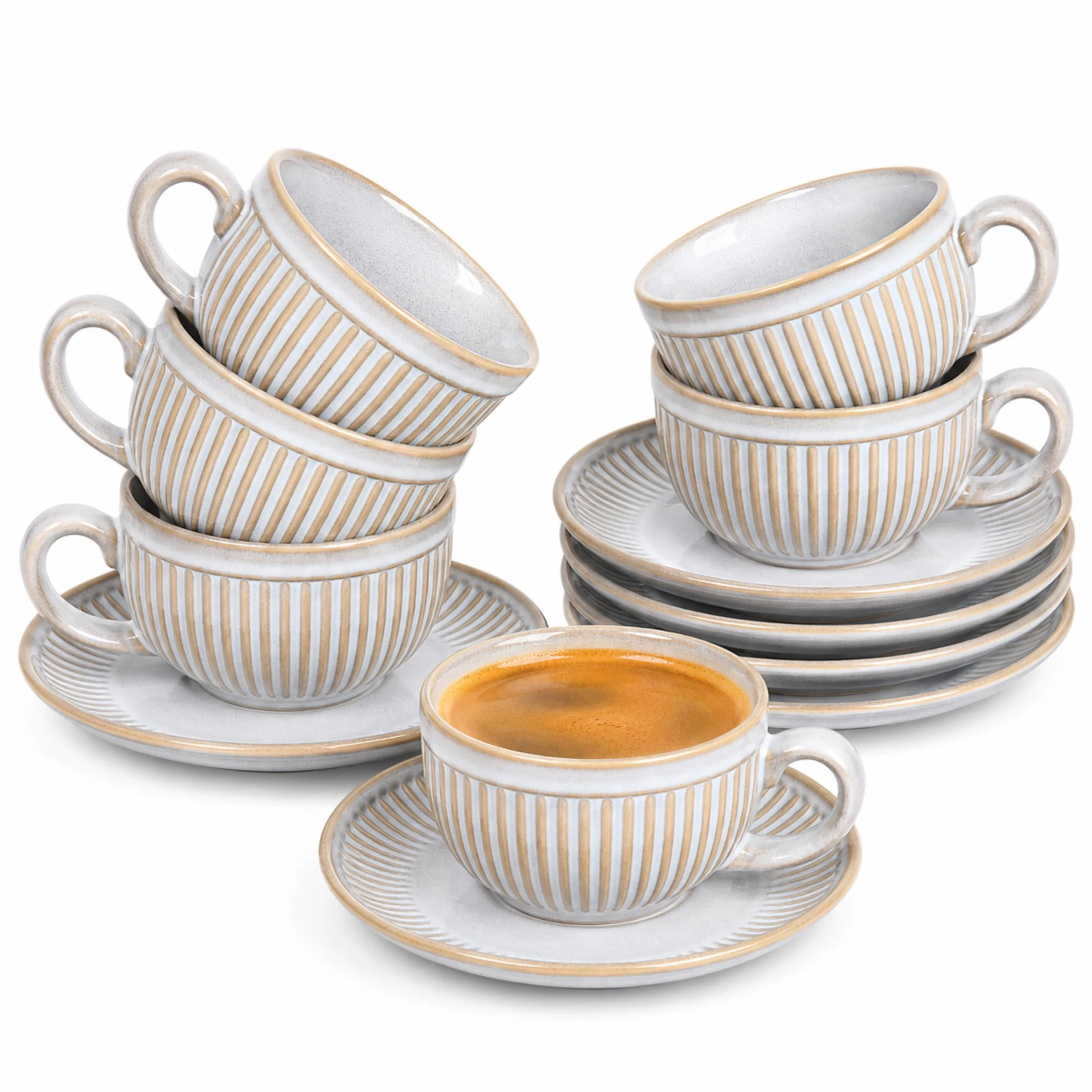 Zestaw 6 filiżanek do espresso ze spodkami 90ml - Zestaw filiżanek do espresso z kamionki - Grubościenne filiżanki do kawy z uchwytem - Ręcznie wykonane filiżanki do kawy barista
