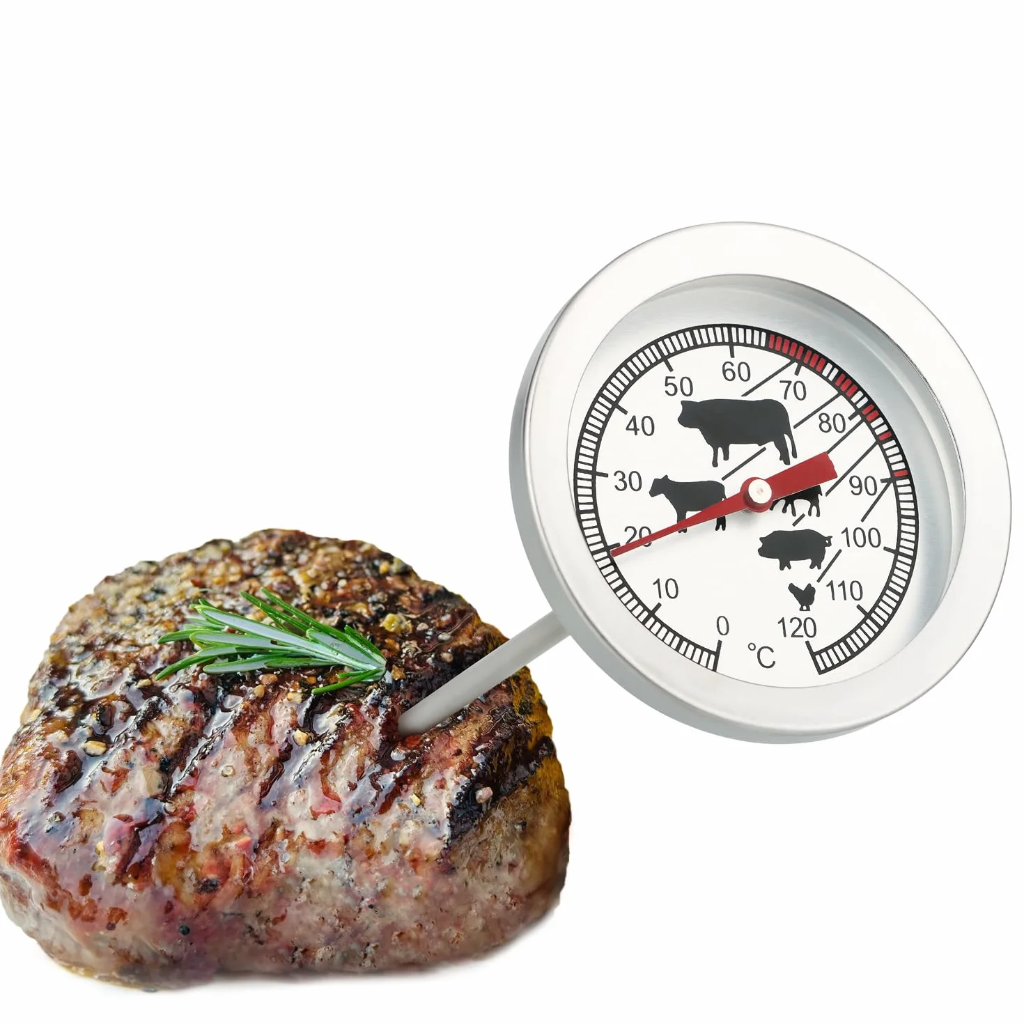 COM-FOUR® Termometr do pieczeni ze stali nierdzewnej - analogowy termometr do miesa do 120 °C - termometr do grilla - igla do miesa - 10 cm (001 sztuk)