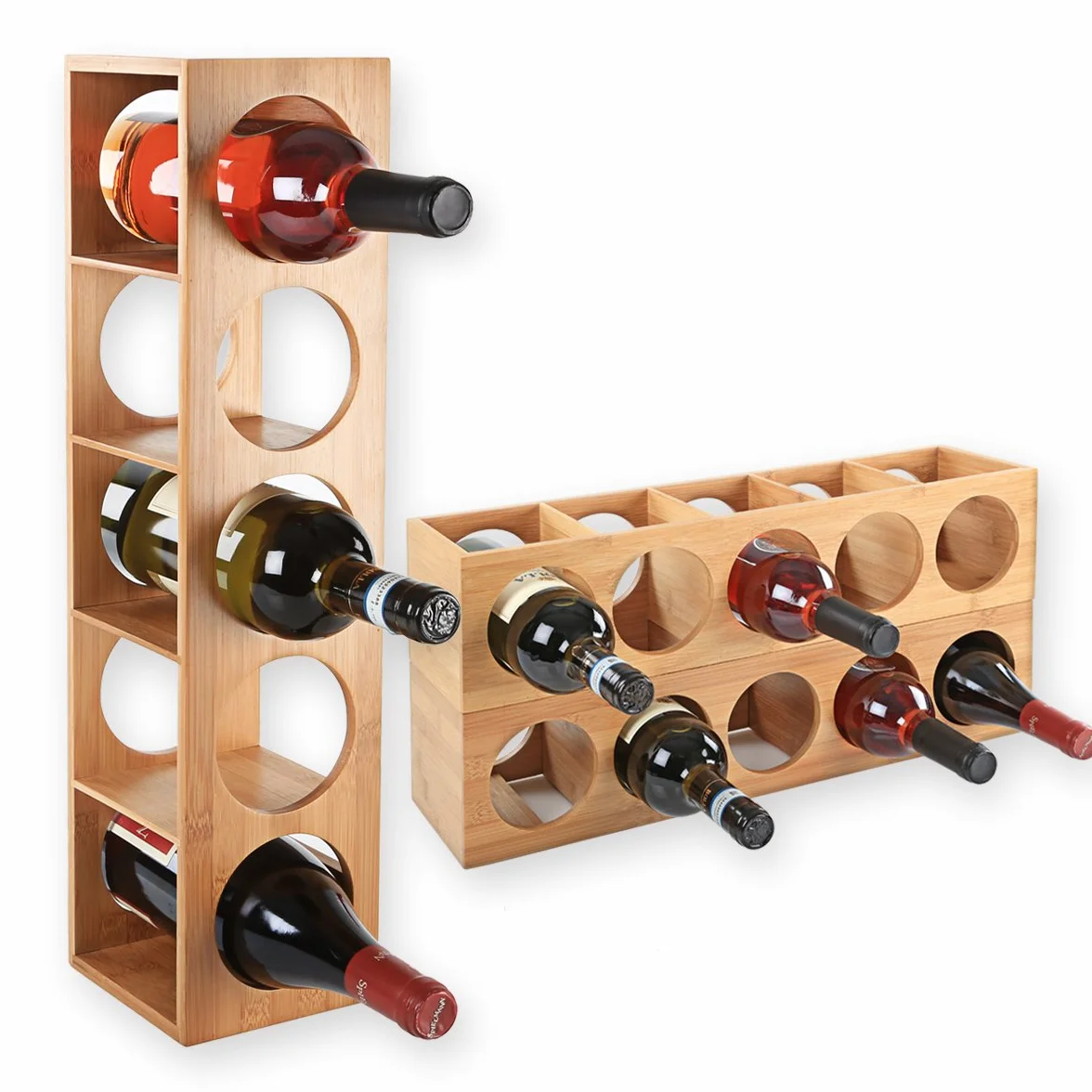 Gräfenstayn Regał na wino Cube – układany w stos, z drewna bambusowego, do 5 butelek, montaż na ścianie, rozszerzalny, wymiary 13,5 x 12 x 53 cm