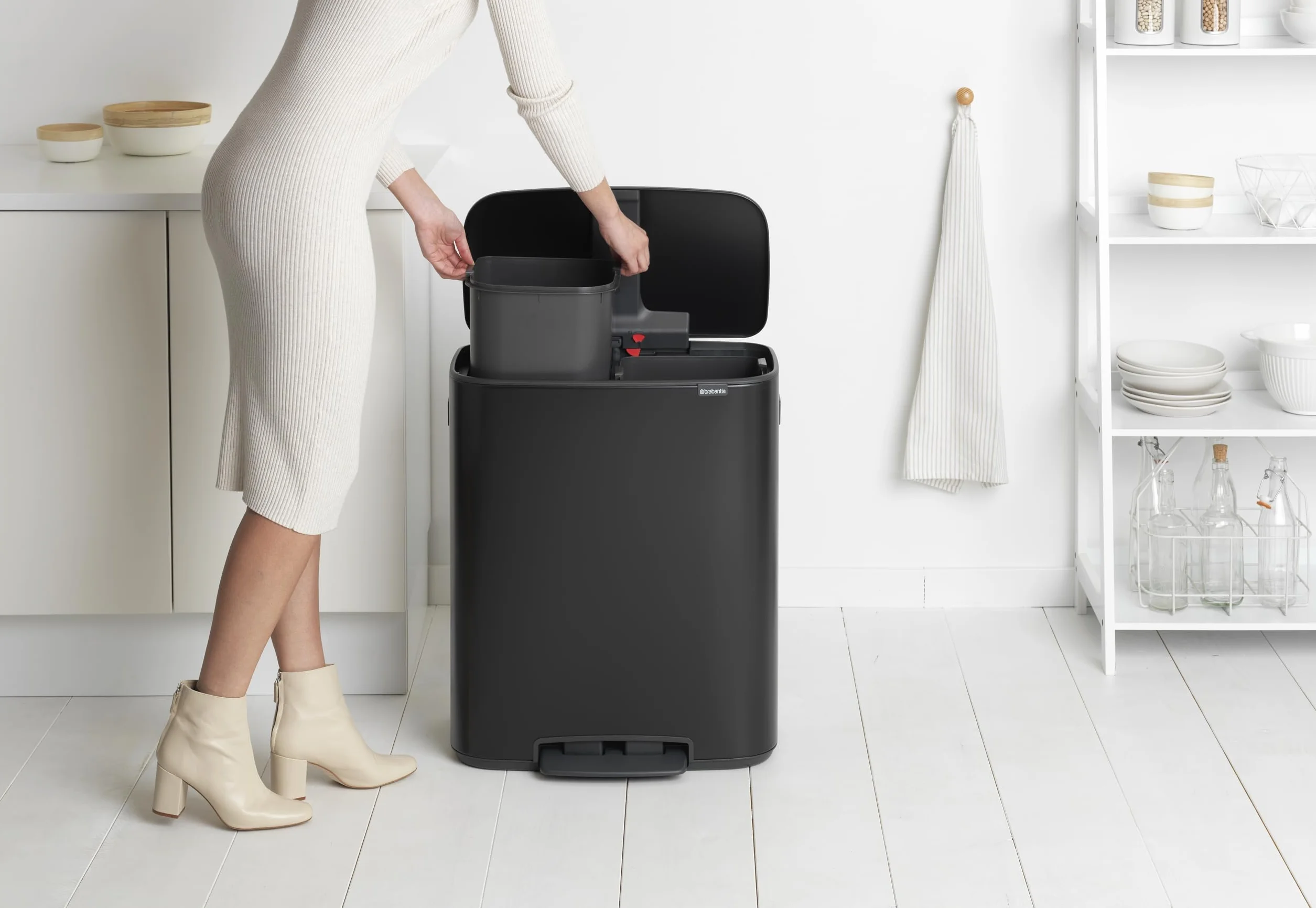 Brabantia Bo Kosz na Pedały 2x30L Duży Kosz na Śmieci do Kuchni Podwójny Czarny 54 x 37 x 65 cm