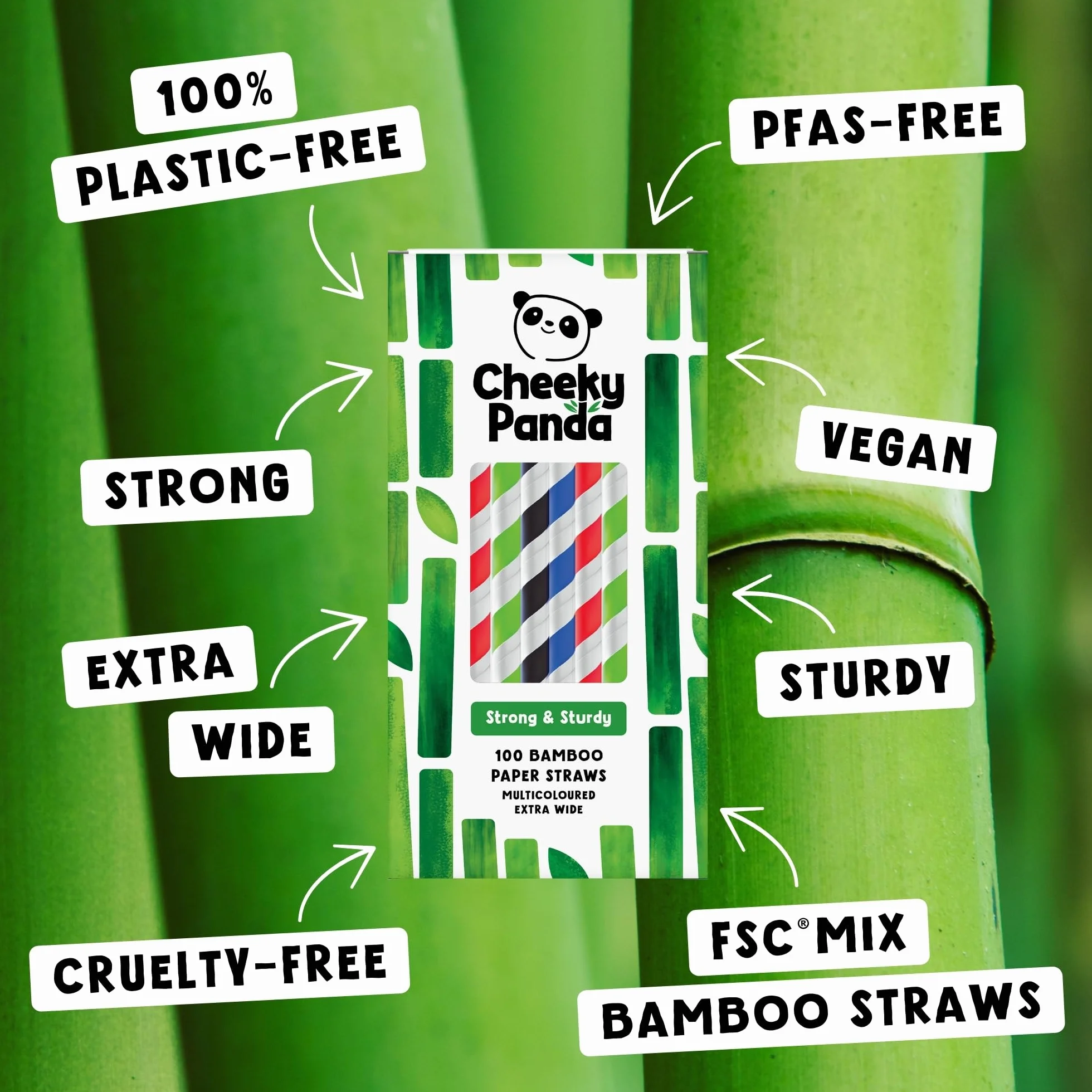 The Cheeky Panda Bambusowe papierowe słomki do herbaty bąbelkowej, 100 wielokolorowych, szerokich słomek do picia, do herbaty Boba, koktajli mlecznych i smoothie