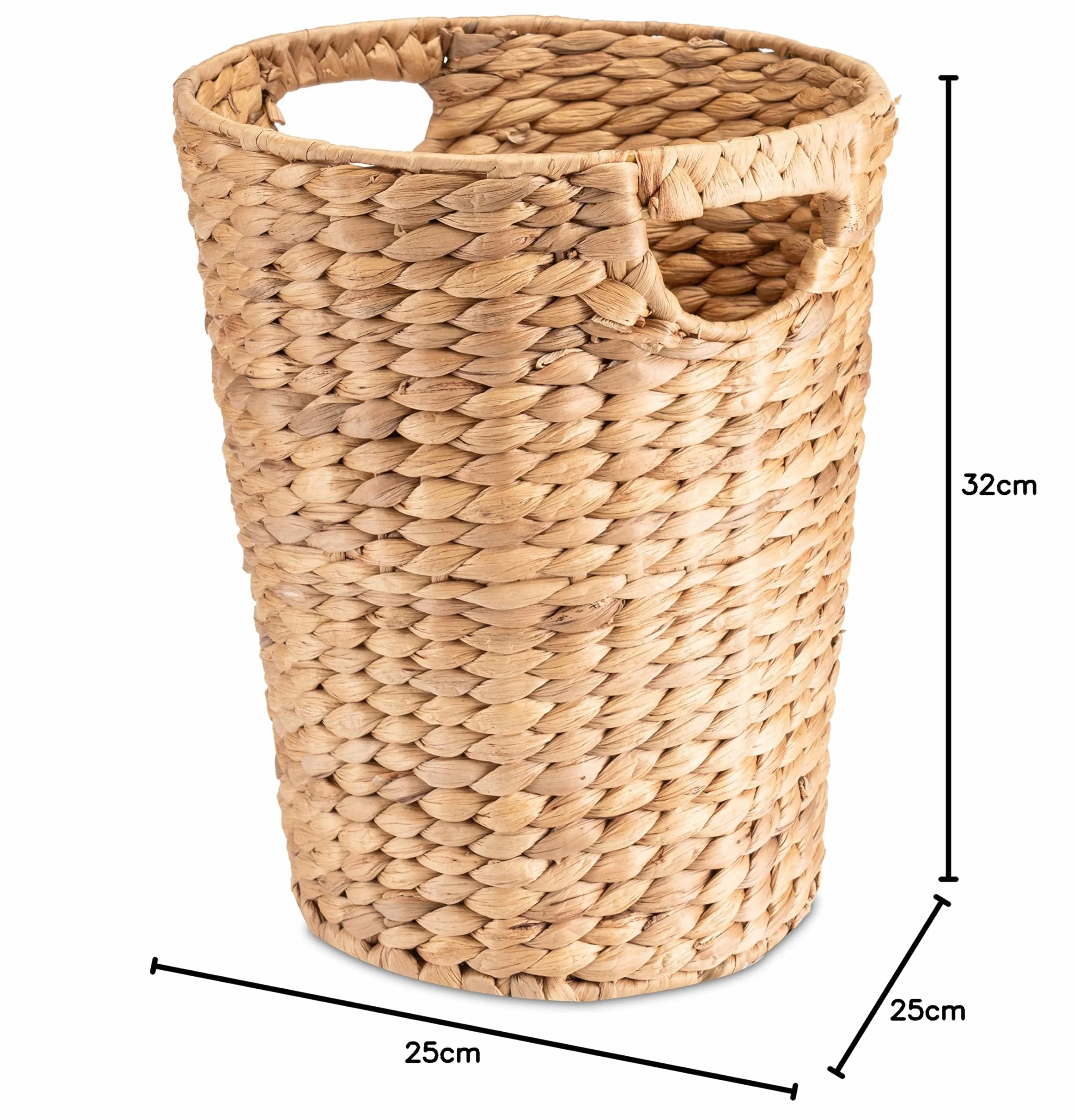 Decorasian Kosz na papier pleciony z hiacyntu wodnego – kosz na śmieci z uchwytem – średnica 25 cm u góry, 19 cm na dole, wysokość 32 cm
