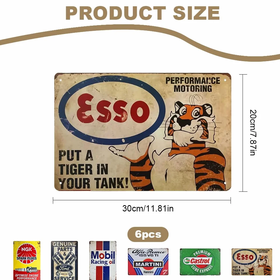 Zestaw 6 metalowych tabliczek w stylu vintage (20 x 30 cm) Blaszane tabliczki – dekoracja ścienna w stylu retro do garażu, warsztatu, baru | klasyczna motoryzacyjna sztuka ścienna
