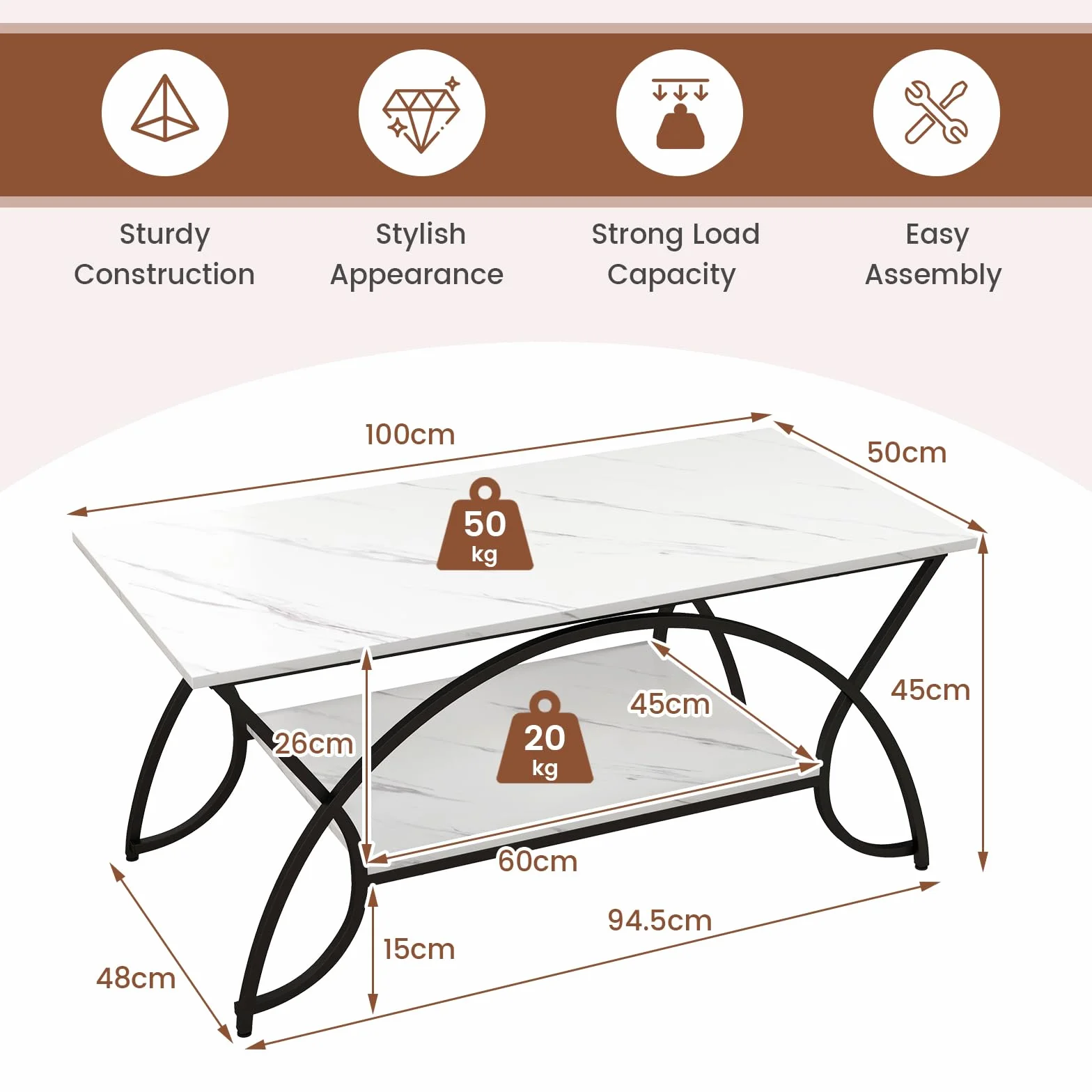 GIANTEX Stolik kawowy marmurowy czarny 100 x 50 x 45 cm metalowe nogi 2 półki