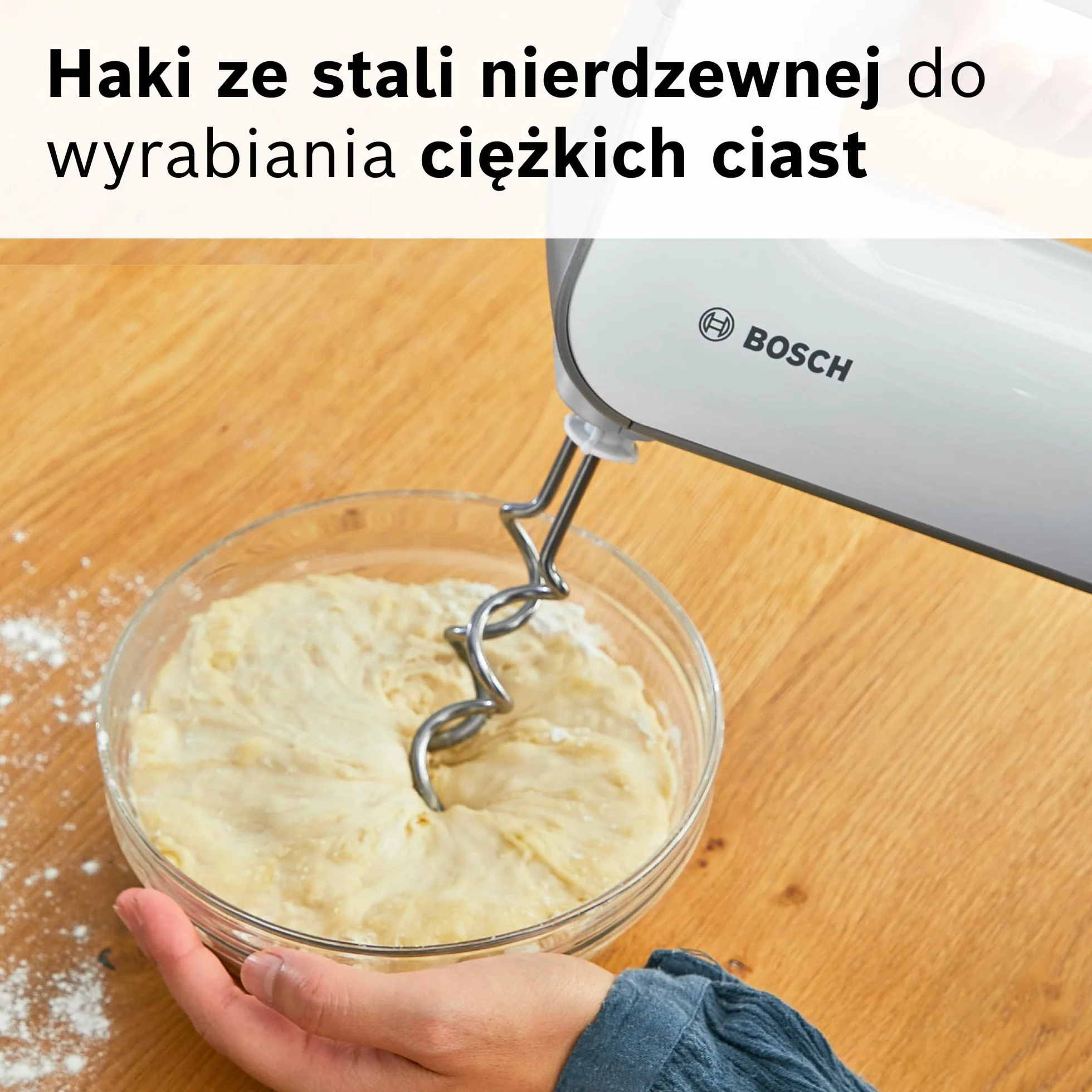 Bosch Styline, mikser ręczny, 850 W, mieszadła FineCreamer, haki do zagniatania ciasta, metalowa stopa do blendowania, pojemnik do miksowania z miarką, MFQ49700, biały