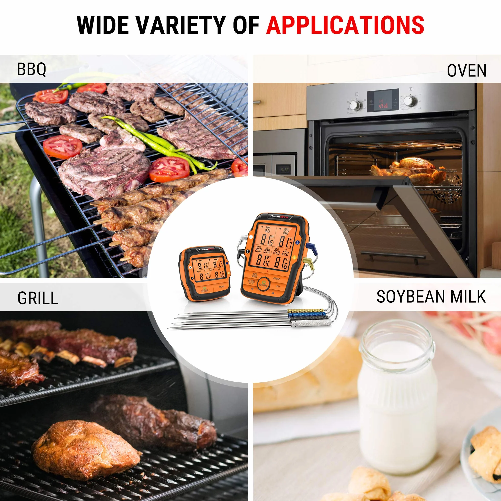 ThermoPro TP27C radiowy termometr do grilla z 4 sondami, 150 m, termometr do mięsa i smażenia, wodoszczelny IPX4, duży kuchenny z wyświetlaczem LCD do BBQ i grilla gazowego