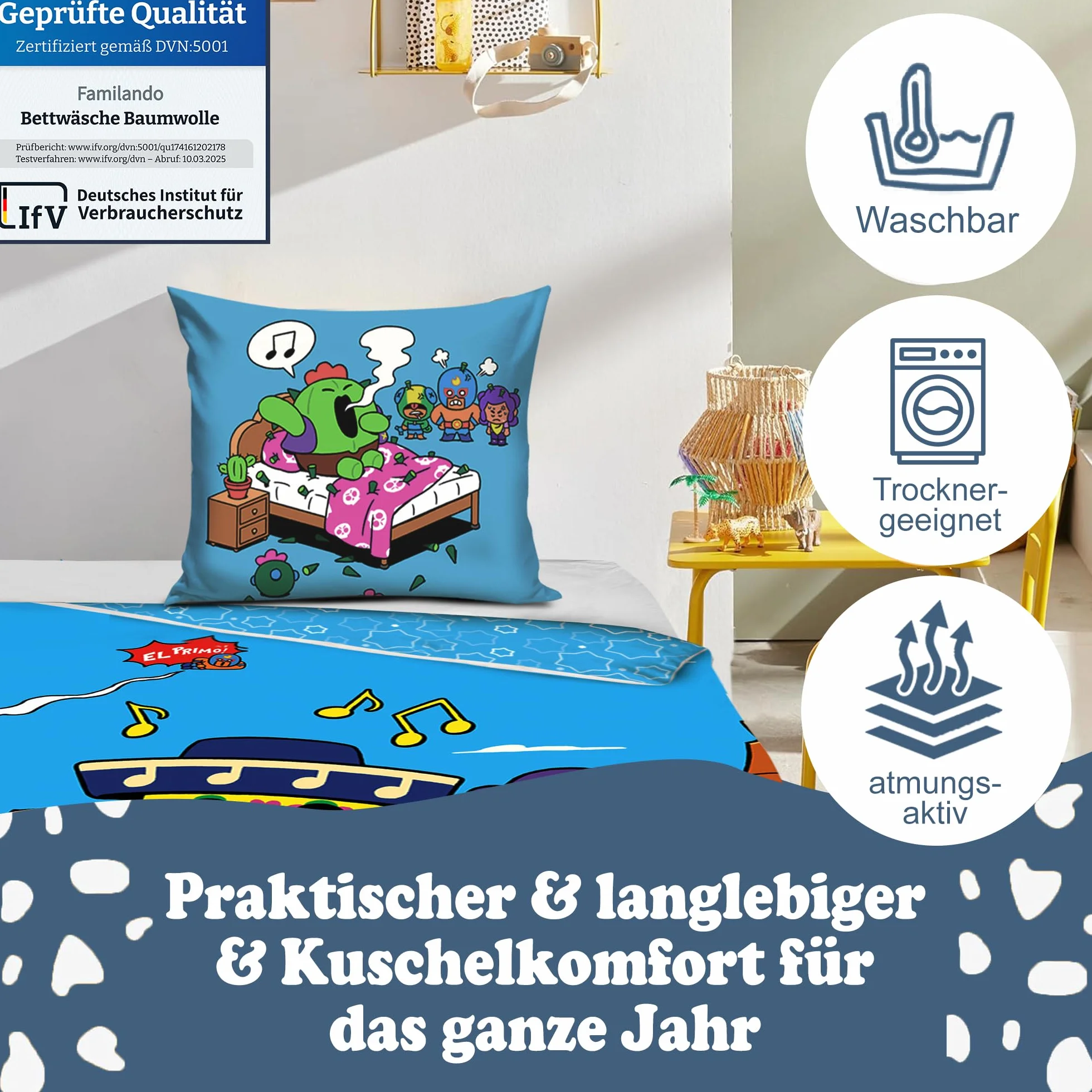 Familando Brawl Stars 2-częściowy komplet pościeli 135 x 200 80 x 80 cm – zestaw dla chłopców w jakości renforcé, 100% bawełny z zamkiem błyskawicznym – trwały kolor, można prać w pralce, Öko-Tex