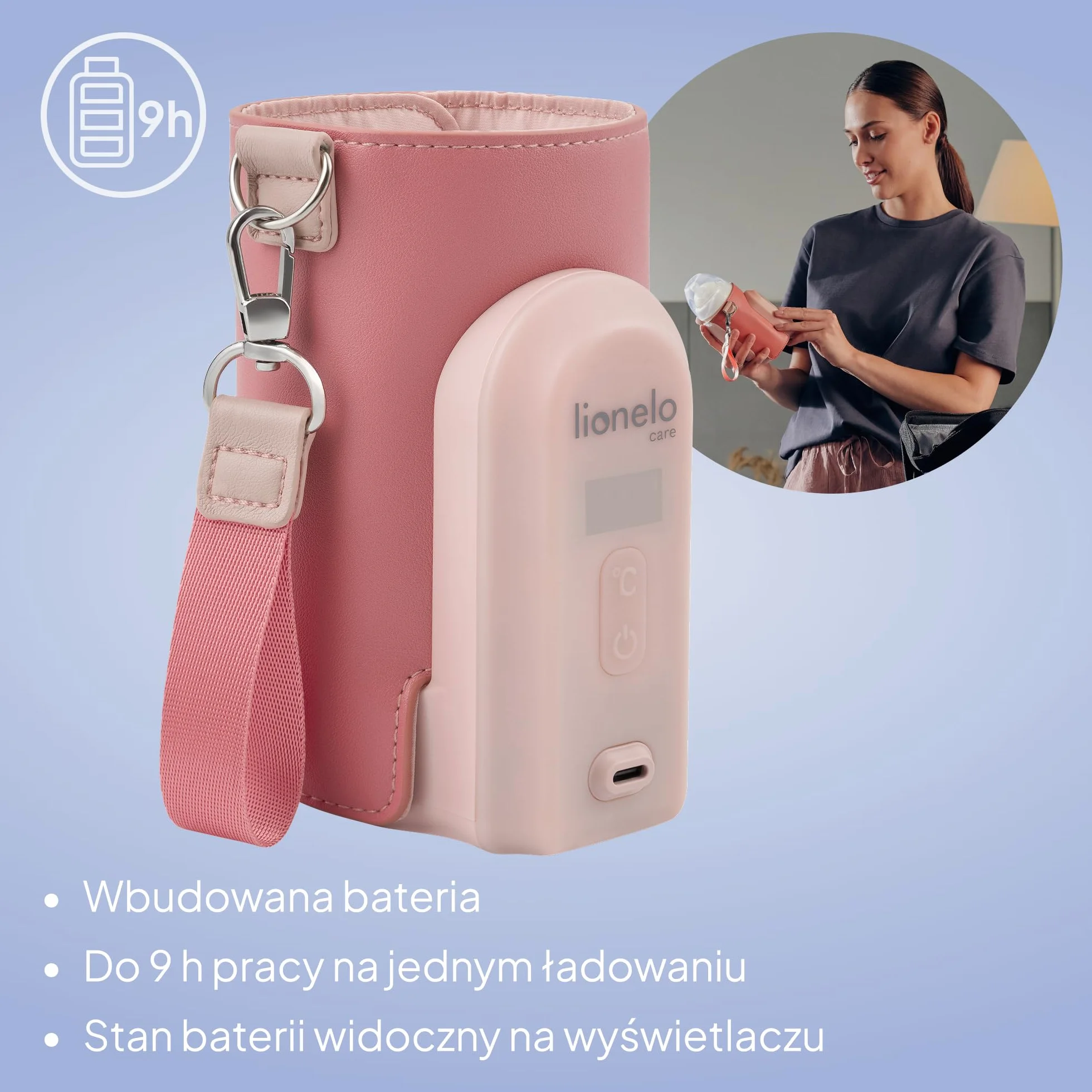 LIONELO Thermup Go Evo Przenośny Podgrzewacz do Butelek dla Niemowląt, Utrzymuje Ciepło Płynów, 5 Temperatur Pracy od 38 do 50o C Ładowanie USB-C, do 9h Pracy Wyświetlacz LCD (Różowy)