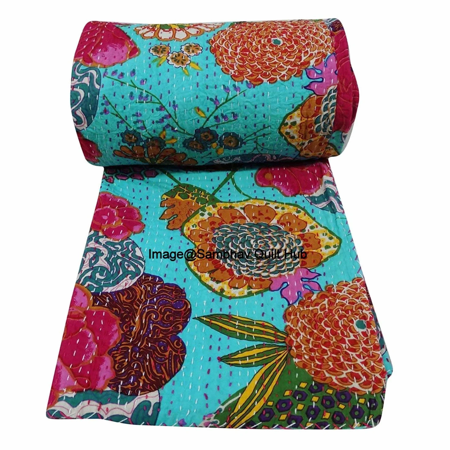 King / Twin Size indyjski owoc dwustronny wzór Gudri czysta bawełna Kantha Style Twin Size Kołdra narzuta na łóżko kwiatowy i owocowy nadruk dekoracyjna kantha Stitch kołdra (turkusowa, 152 x 229 cm)