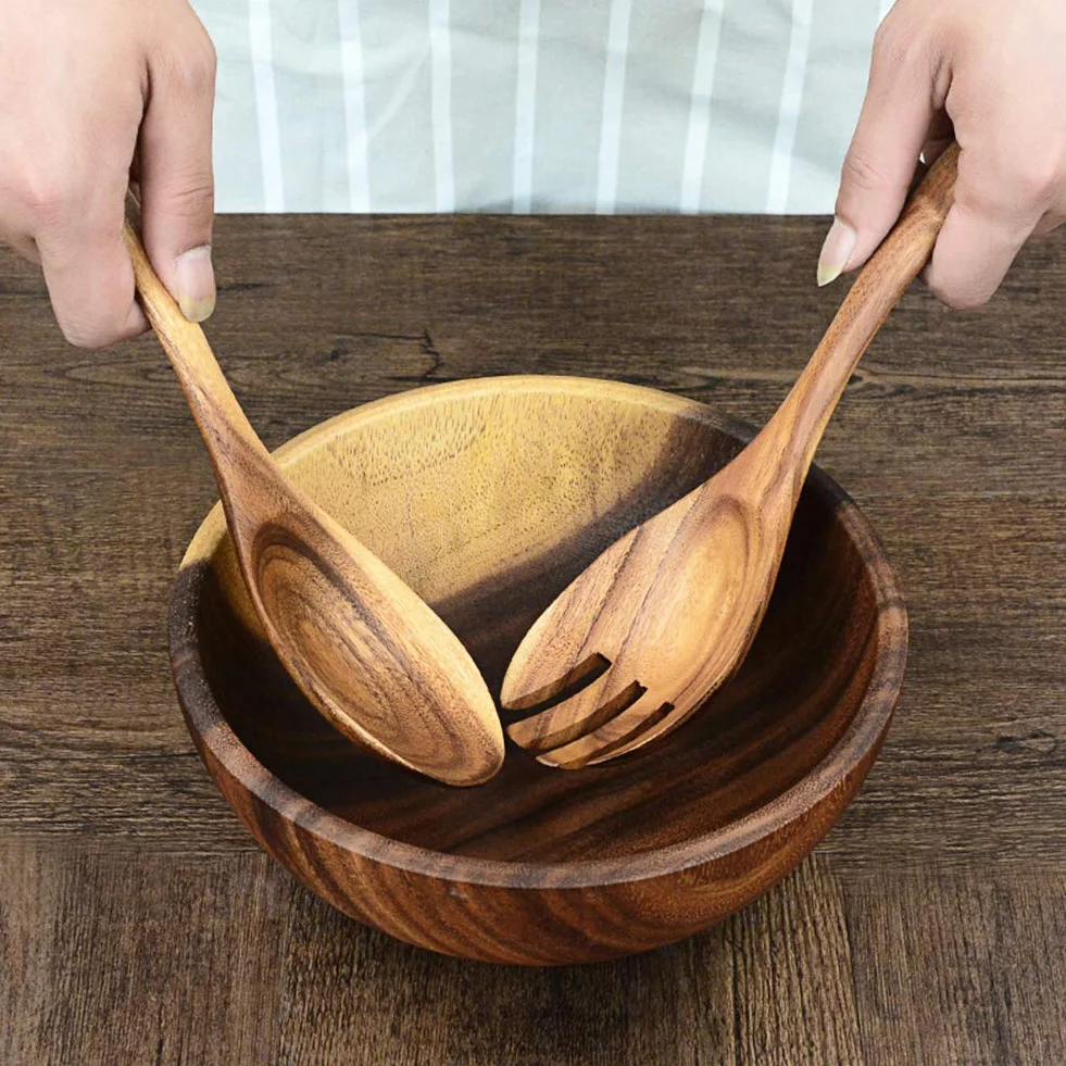 AOOSY 2 sztuki drewnianych serwerów do sałatek, 25 cm drewniane łyżki do serwowania, zestaw do mieszania sałatek, widelec obiadowy i łyżka, długi uchwyt, szczypce do sałatek, przybory kuchenne, zestaw