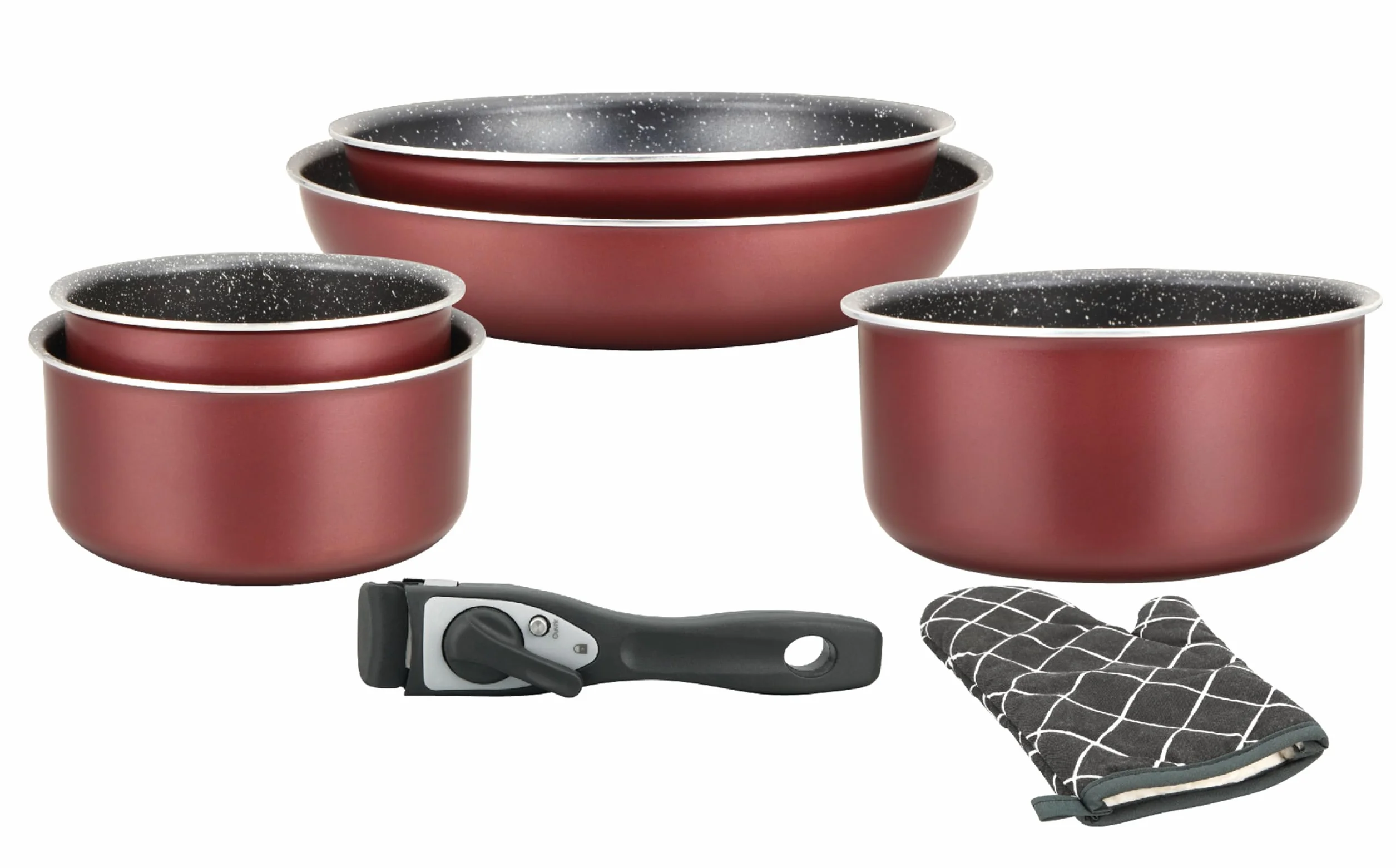 Herzberg HG8053 BLK zestaw naczyń do gotowania, 3 garnków indukcyjnych i 2 patelni do wszystkich kuchenek w różnych rozmiarach i 1 rękawicy do garnków, marmurowa powłoka nieprzywierająca, zdejmowane