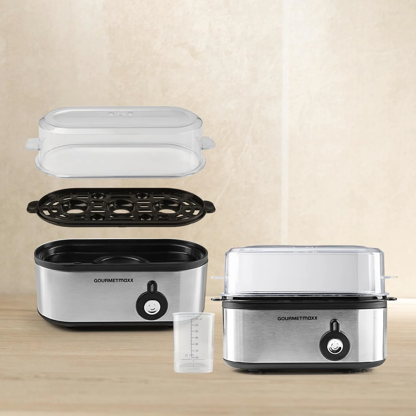 GOURMETmaxx Jajowar na 3 jajka | bojler do jajek z wykrawaczem do jajek w miarce | Egg Cooker – 3 stopnie twardości do kieliszków do jajek | Design mały jajowar – części nadające się do mycia w