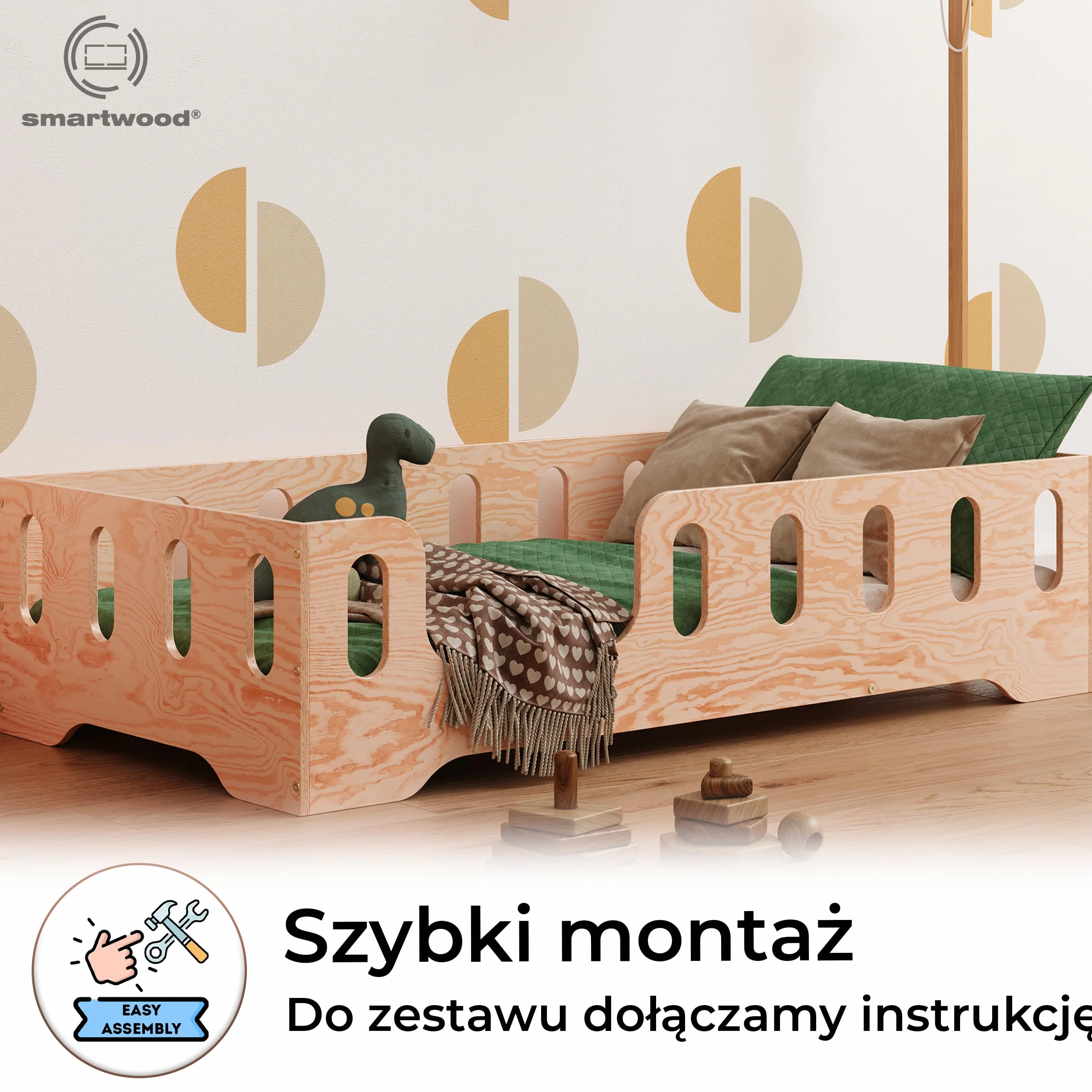 smartwood Łóżko Dziecięce 90x200 Drewniane z Barierką i Stelażem - TILA 2L - Naturalne Łóżko Podłogowe Jednoosobowe Dla Chłopaka i Dziewczynki - Łatwy Montaż oraz Udźwig do 230 kg