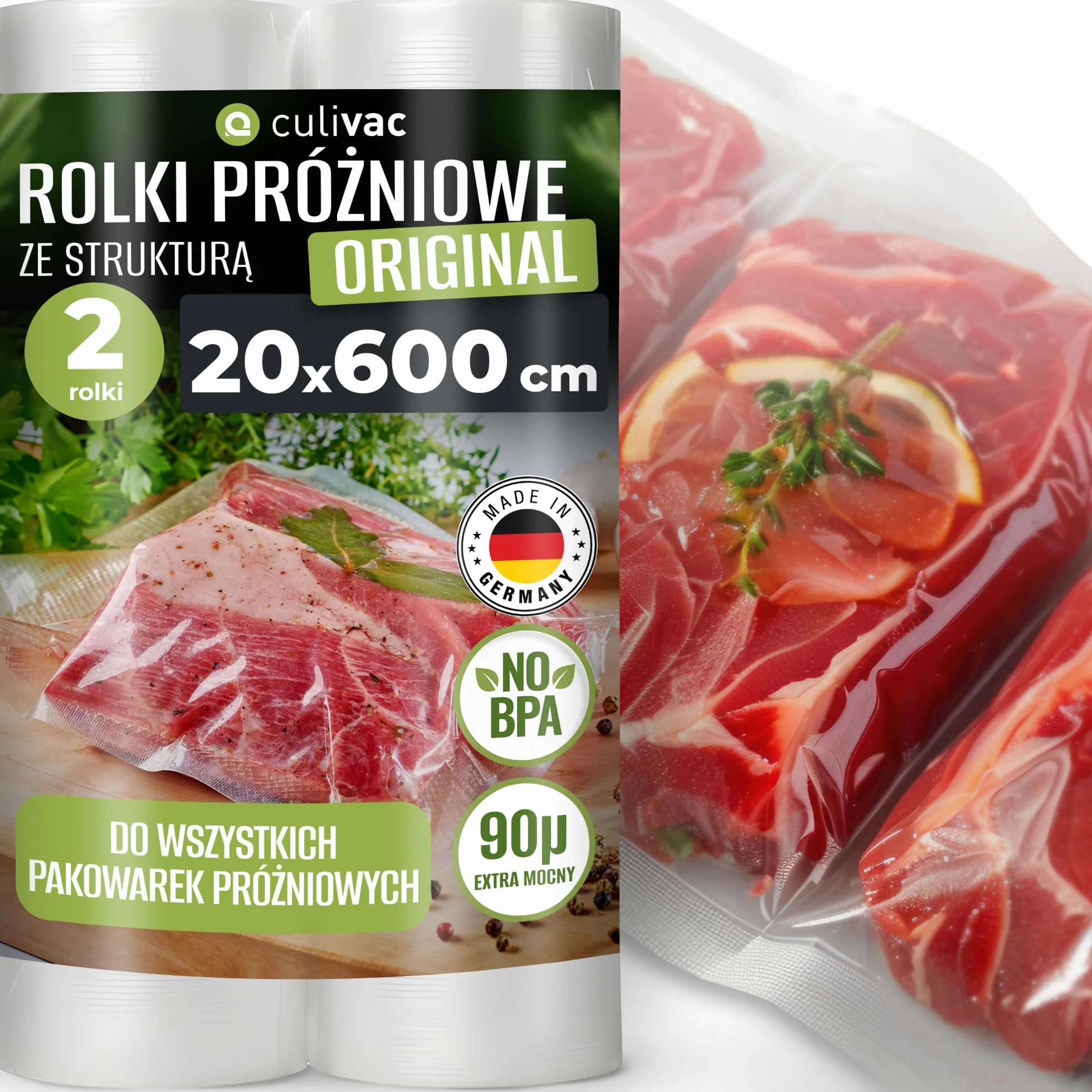 culivac 2 rolki folii 20 x 600 cm, oryginalne rolki próżniowe do zgrzewarki próżniowej, zgrzewarki próżniowej, nie zawiera BPA, folii próżniowej, rolki, worki próżniowe