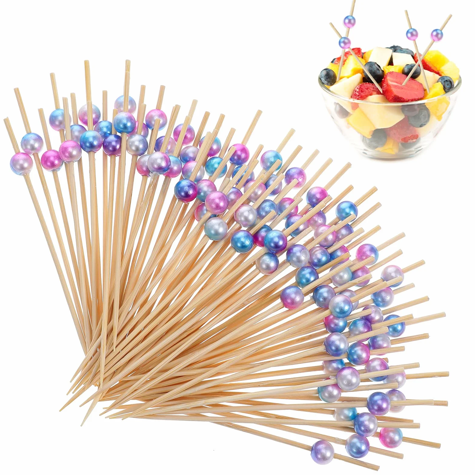 Molain 100 szt. szpikulców koktajlowych, bambusowe wykałaczki do żywności, 10 cm, drewniane, fantazyjne wykałaczki do przystawek, patyczków koktajlowych, szpikulce do napojów, różne kolory, perłowe