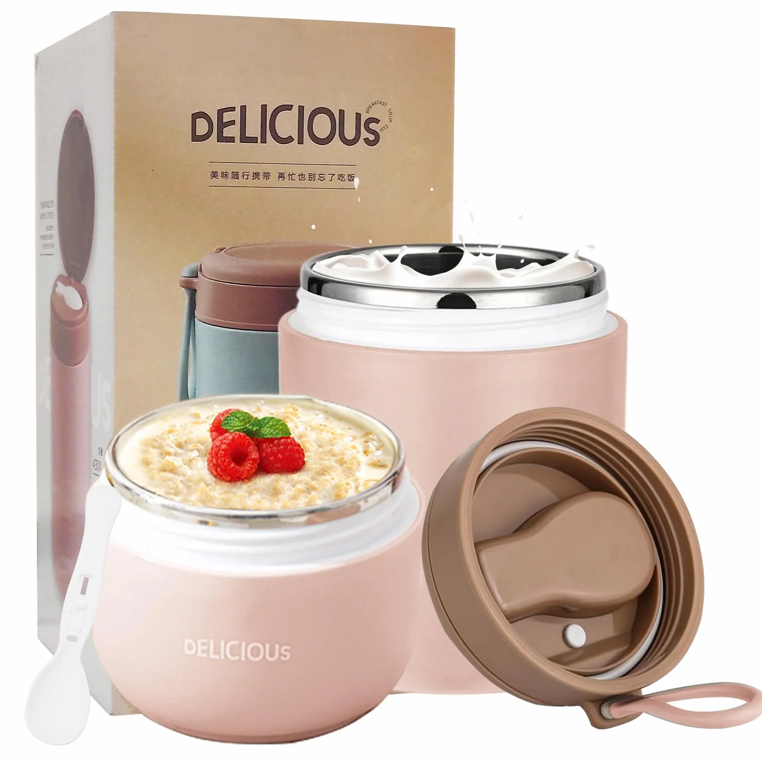 Chedin Kubek na musli To Go z pokrywką, kubek ze stali nierdzewnej, 730 ml, szczelny, z łyżką i pokrywką, dwuwarstwowe, szczelne, idealne do pracy (różowy)