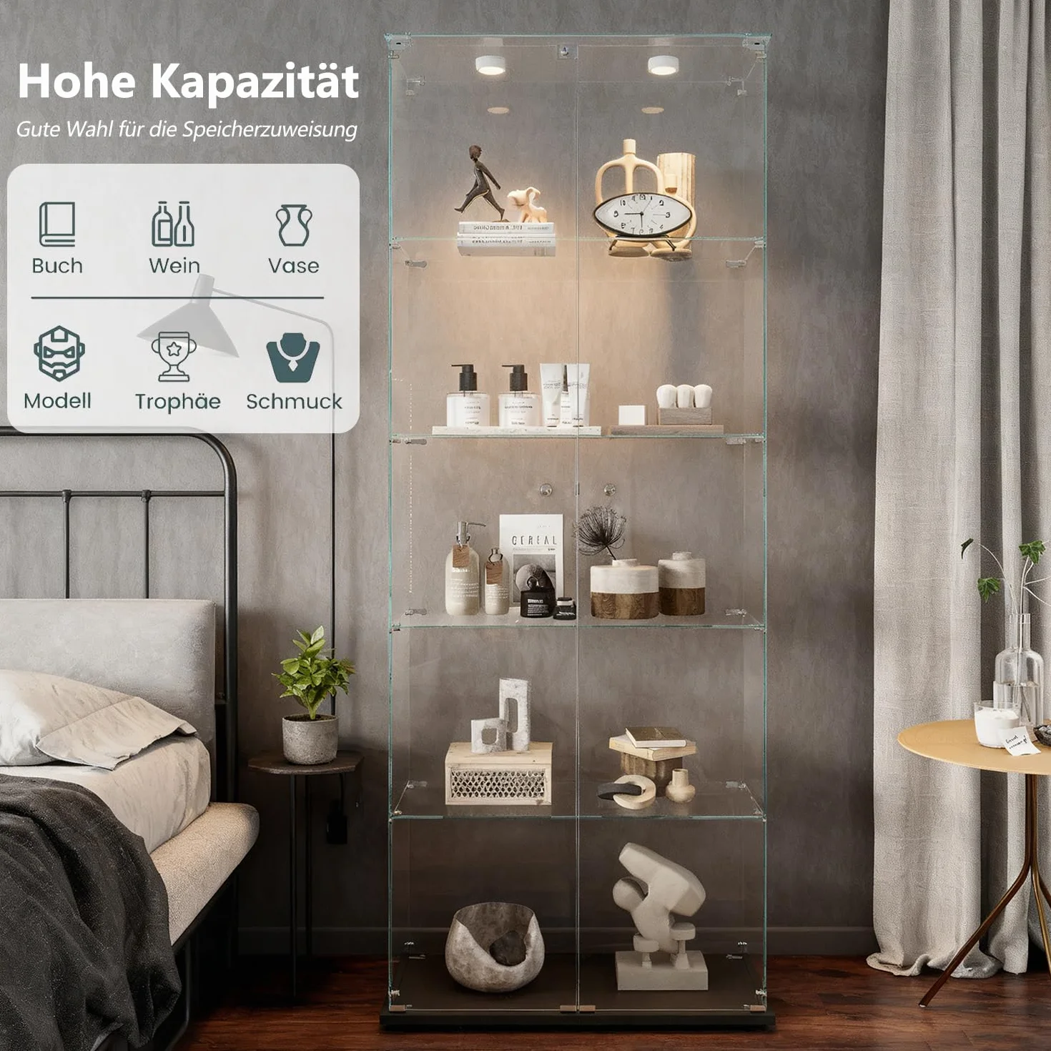 Szklana witryna stojąca, czarna, z oświetleniem LED, 5-poziomowa 186,5 x 34,5 x 78,5 cm, bezramowa, pełna widoczność, szklane półki z regulacją wysokości, szafka z witryną do salonu, biura,biały B