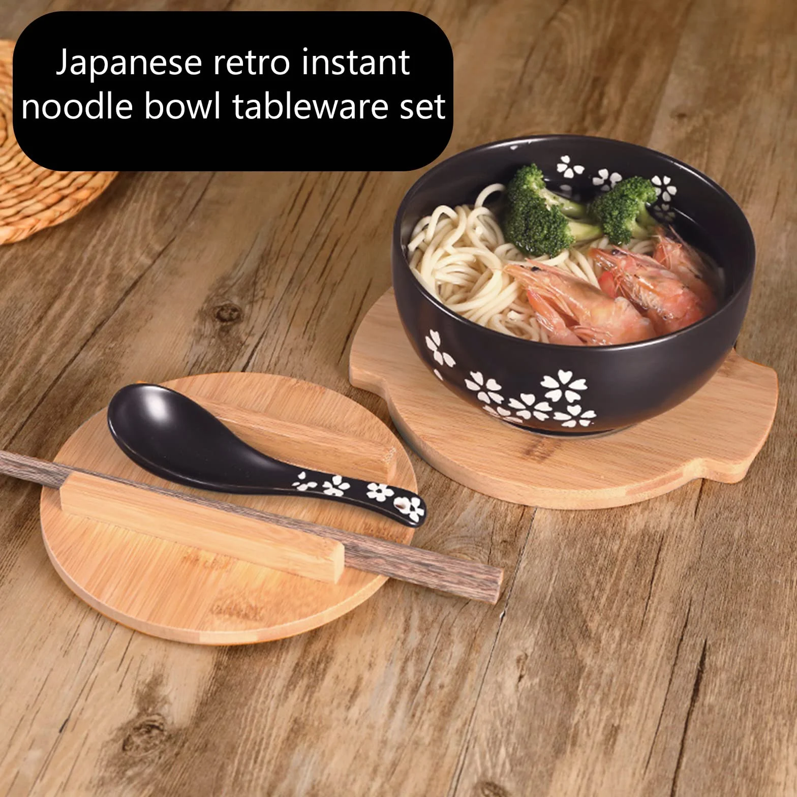Japońska koreańska zastawa stołowa vintage miska ryżowa w stylu japońskim czarna ceramiczna miska z makaronem błyskawicznym Pałeczki z pokrywką i łyżką