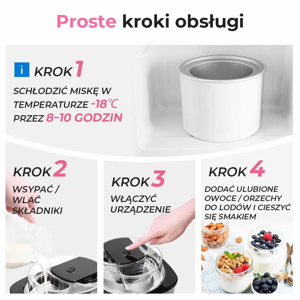 Maszyna do Lodów Miękkich 2L, Stal Nierdzewna z Pokrywką, Zawiera Książkę Kucharską i łyżkę do Lodów, do Przygotowywania Lodów, Mrożonego Jogurtu i Sorbetu