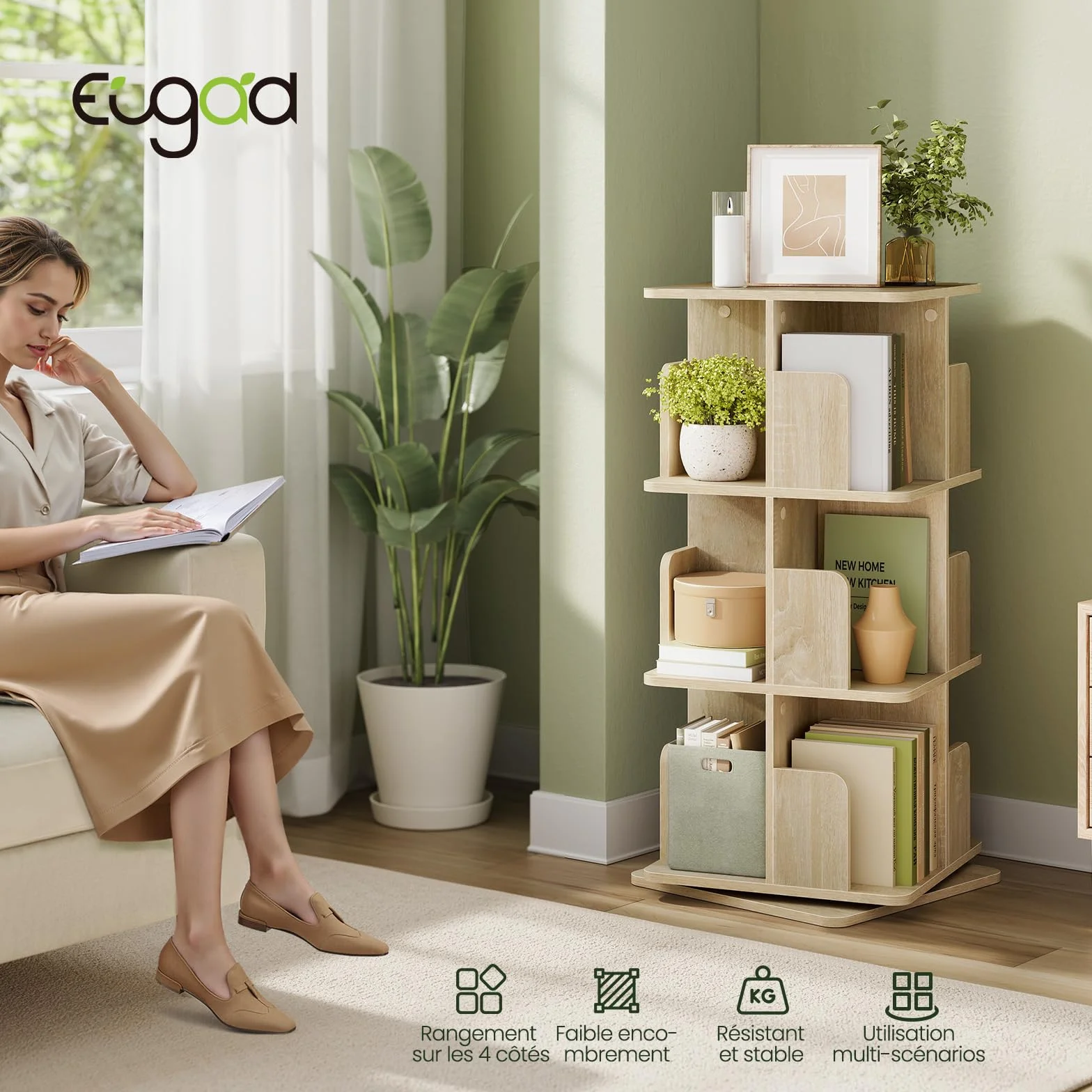EUGAD Obrotowy regał na książki, z 3 poziomami, 12 półek, obracany o 360°, stojący regał, do salonu, gabinetu, biura, 40 x 94,5 x 40 cm, jasny dąb