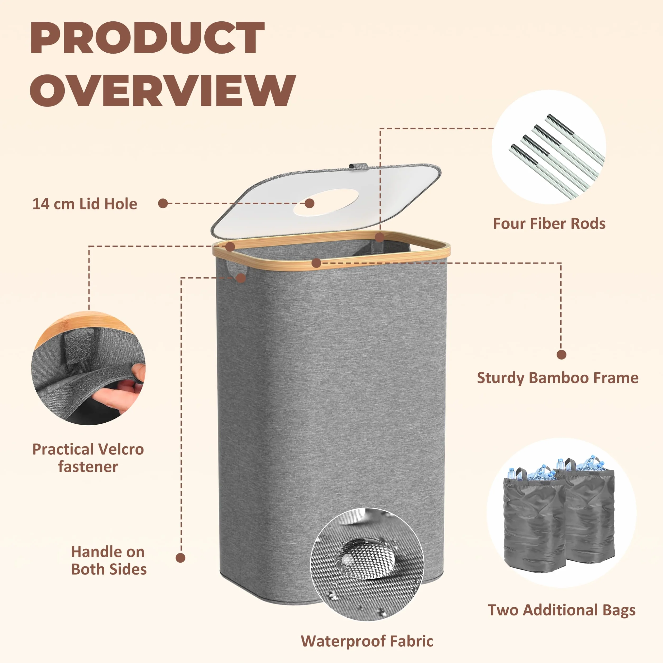 Returnable Bottle Container 100L Grå – Bottle Collector with 2 Transport Bags – Deposit Bottle Container Drop Hole – Bamboo Foldable