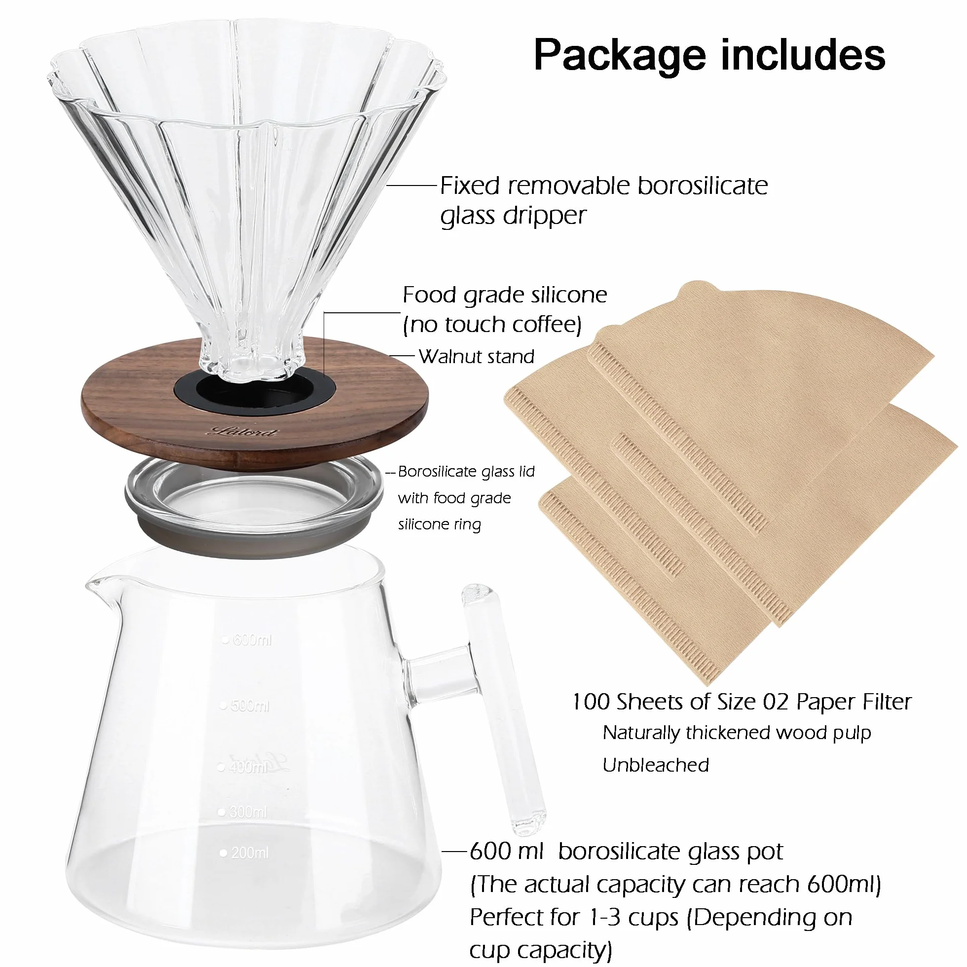 Lalord Ekspres do kawy, zestaw ze szkła borokrzemowego o pojemności 590 ml, ze 100 szt. papierowych filtrów, kołnierz z orzecha włoskiego i szklana pokrywka, zaparzacz do kawy, 1-3 kubki