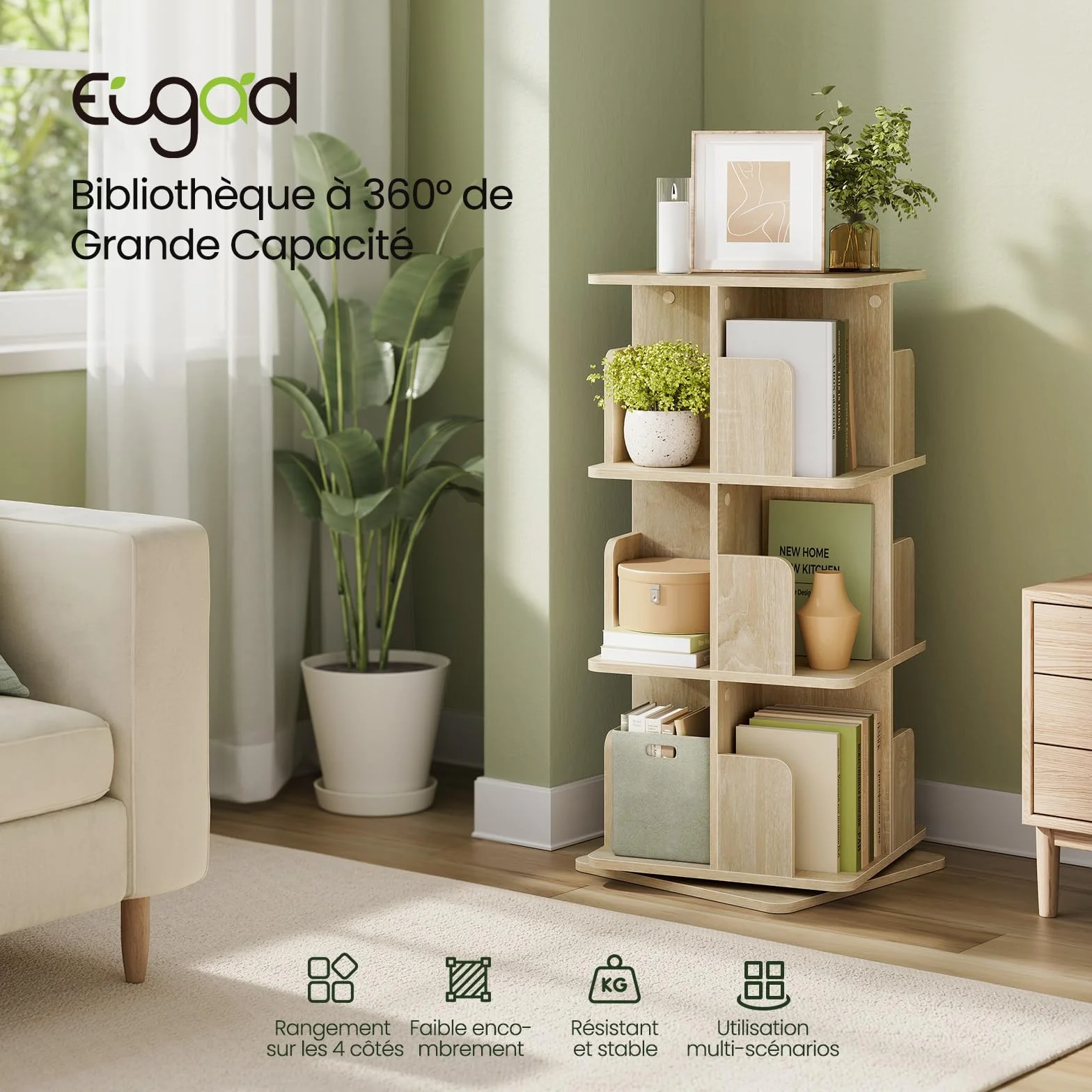 EUGAD Obrotowy regał na książki, z 3 poziomami, 12 półek, obracany o 360°, stojący regał, do salonu, gabinetu, biura, 40 x 94,5 x 40 cm, jasny dąb