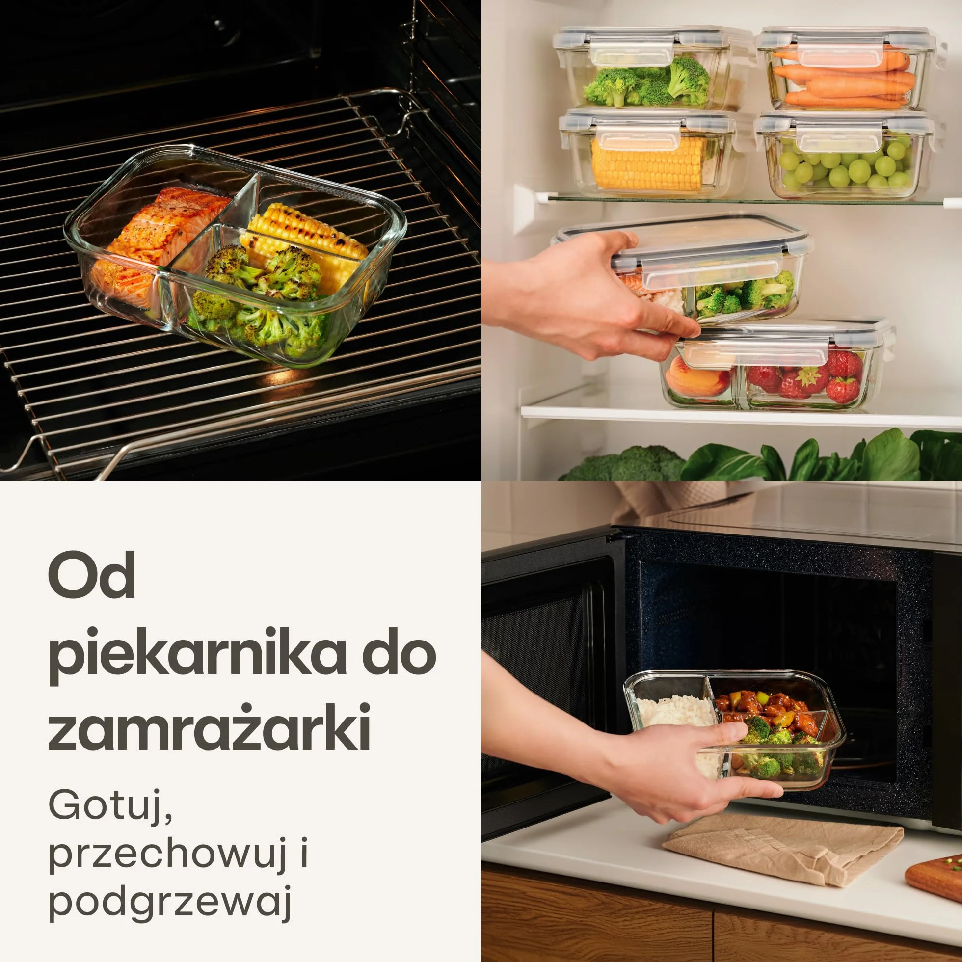 Szklane Pojemniki z 3 Komorami - Zestaw 2 Szklanych Pojemników na Żywność 1l - Hermetyczne - Odporny na Zmywarkę, Mikrofalówkę i Zamrażarkę