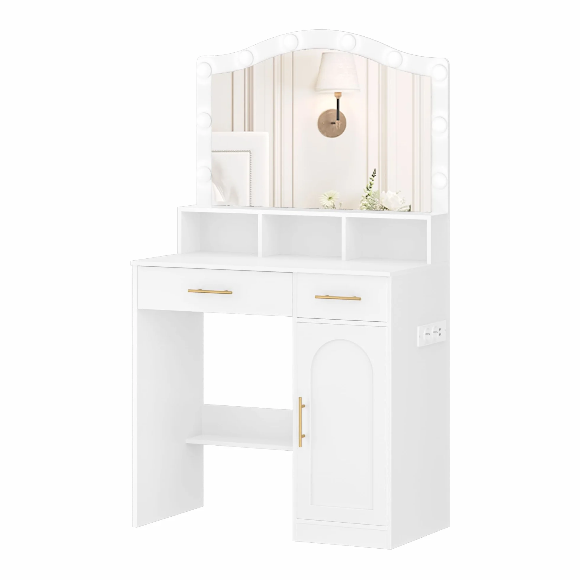Hzuaneri Vanity, DużE Lustro Hd, 3-Kolorowe Regulowane śWiatłA Led, Ze Stacją łAdująCą, 2 Gniazdami Ac I 2 Portami Usb, 2 Szufladami I 1 Szafką Do Przechowywania, BiałO-ZłOta DT361HDT