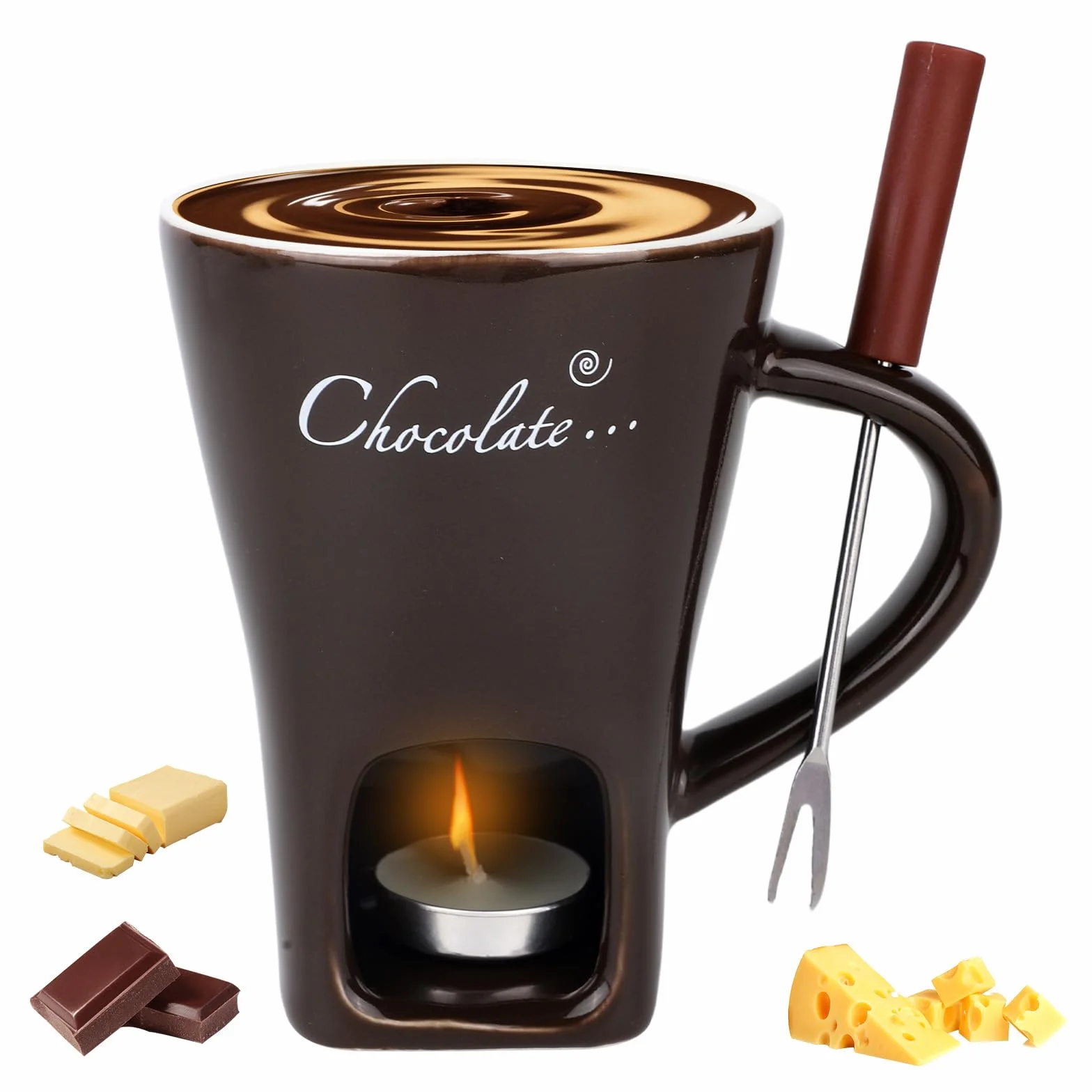 Kubek Fondue Czekoladowego z Widelczykiem i Podgrzewaczami, Słodki Kubek Roztapiania Czekolady Ceramiczny Zestaw Fondue Czekolada Ser Cukierki Idealny Prezent Randkę Urodziny (Ciemnobrązowy)