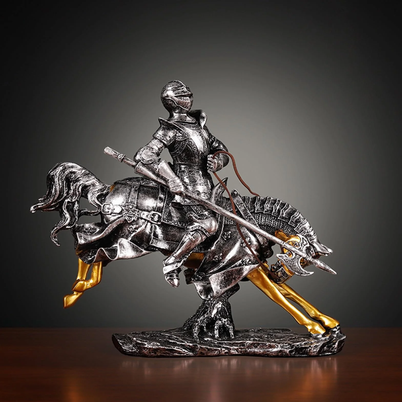 Rodzinna rzeźba artystyczna - figurka na biurko, statuetka do dekoracji biura domowego, statuetka rycerza ozdoba zbroja, rzeźba na koniu kolekcjonerska figurka dekoracyjna prezent do dekoracji domu (kolor: B)