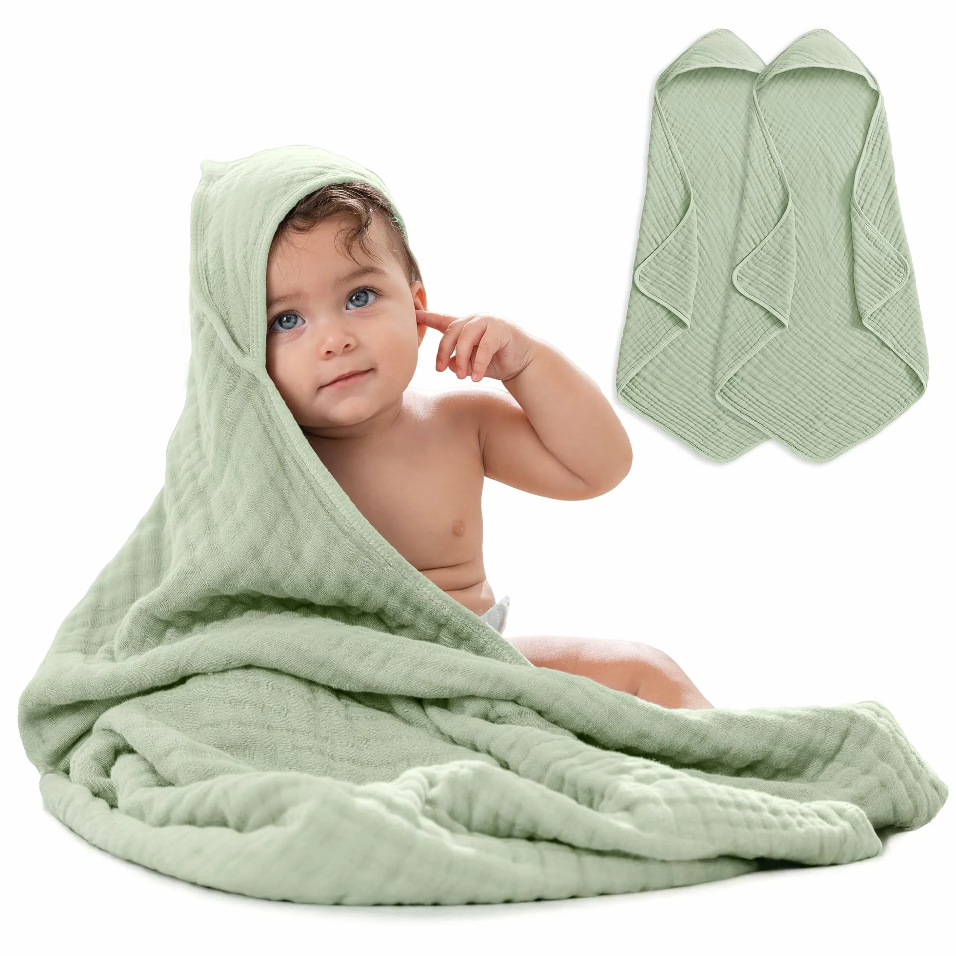 2 Pack Baby Hooded 9 Layer Muslin Cotton Towel for Kids, Large 32” x 32”, Ultra Soft, Warm, and Absorbent. Baby Essentials Bath Towels, Cute Unisex Cover for Girls and Boys (2 Pack, Sage)