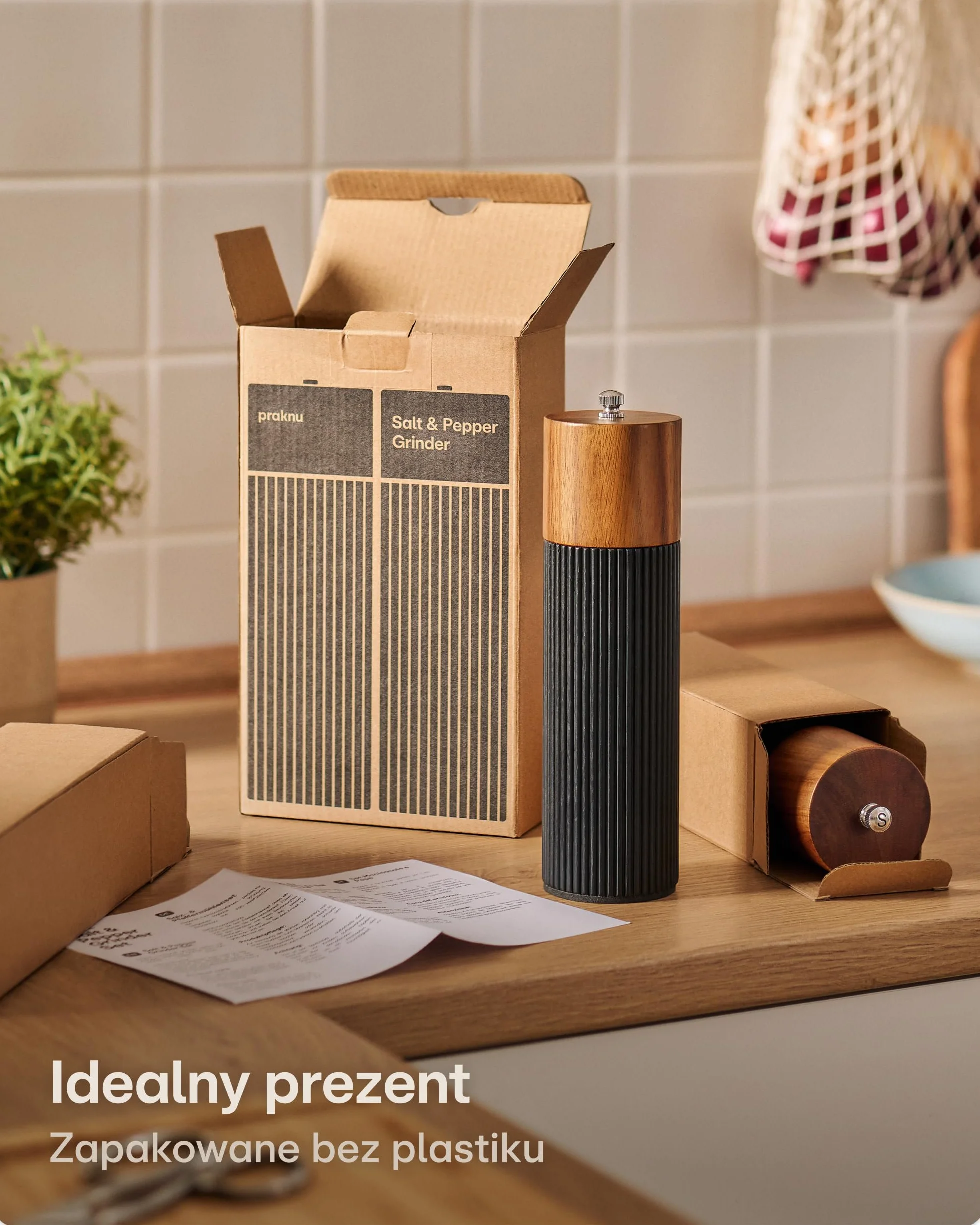 Praknu Zestaw Młynków Do Soli I Pieprzu Z Drewna Akacjowego FSC® – Elegancki Design Z Ceramicznym Mechanizmem – Płynna Regulacja I Trwałość – Czarny – Duży