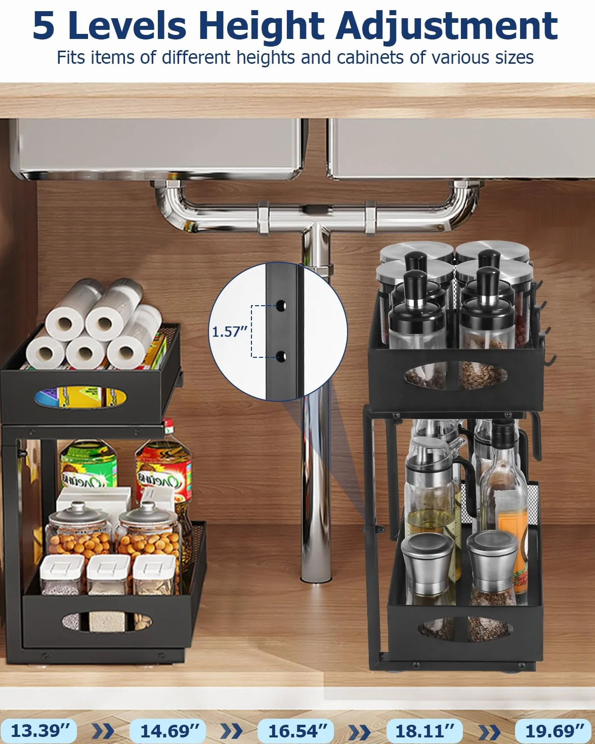 Metalowy schowek pod zlewem, 2-poziomowy wysuwany organizer pod zlewozmywak kuchenny, Półka pod zlewozmywakiem z regulacją wysokości do kuchni, szafki, łazienki, 1 sztuka, czarny